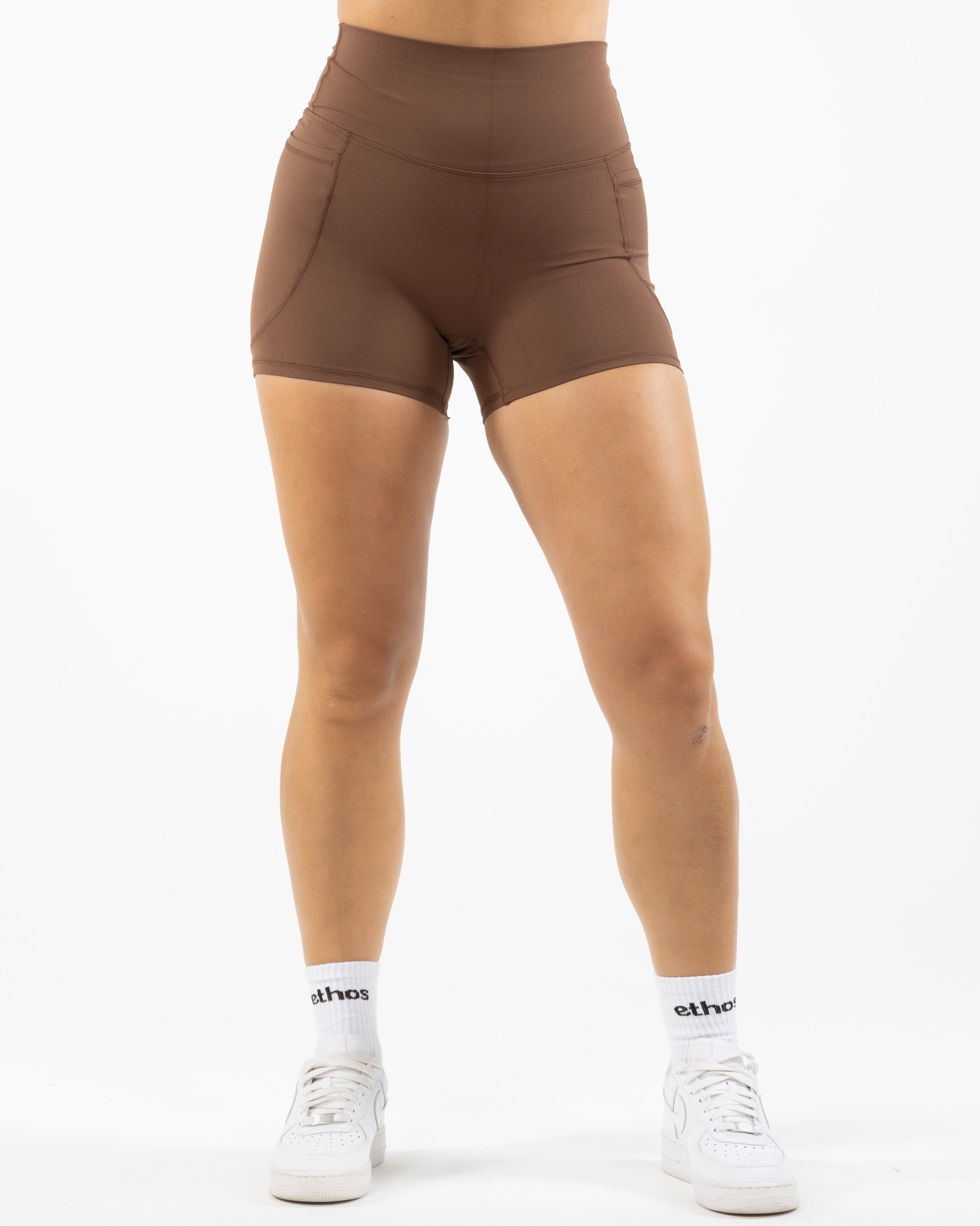The Womens Sporty Pocket Short - Brown - Pilates Phoenix - Back Waistline - Printed - White