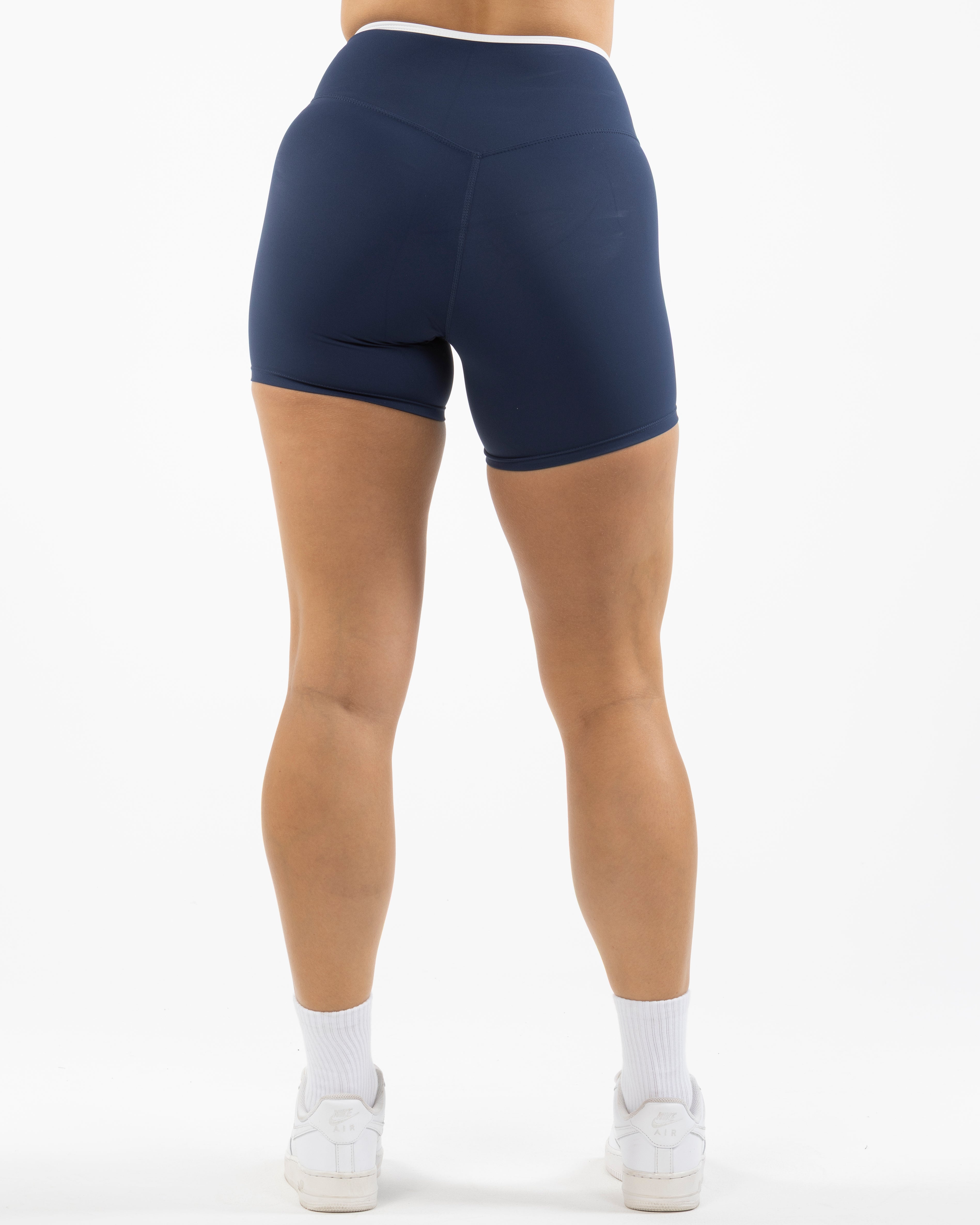 The Piped Crossover Short - Navy - Pilates Plus PB - Back Waistline - Printed - White