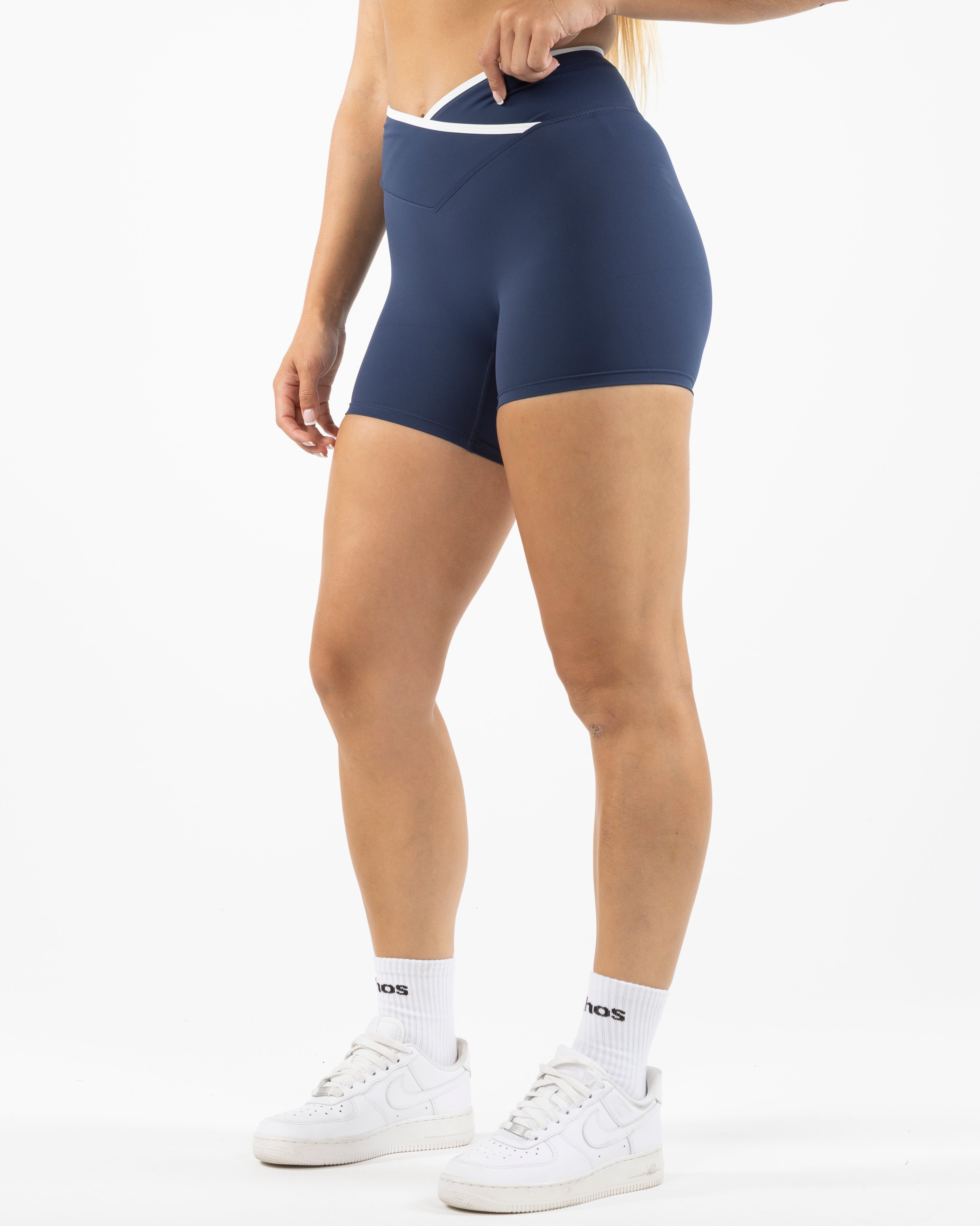 The Piped Crossover Short - Navy - Pilates Plus PB - Back Waistline - Printed - White