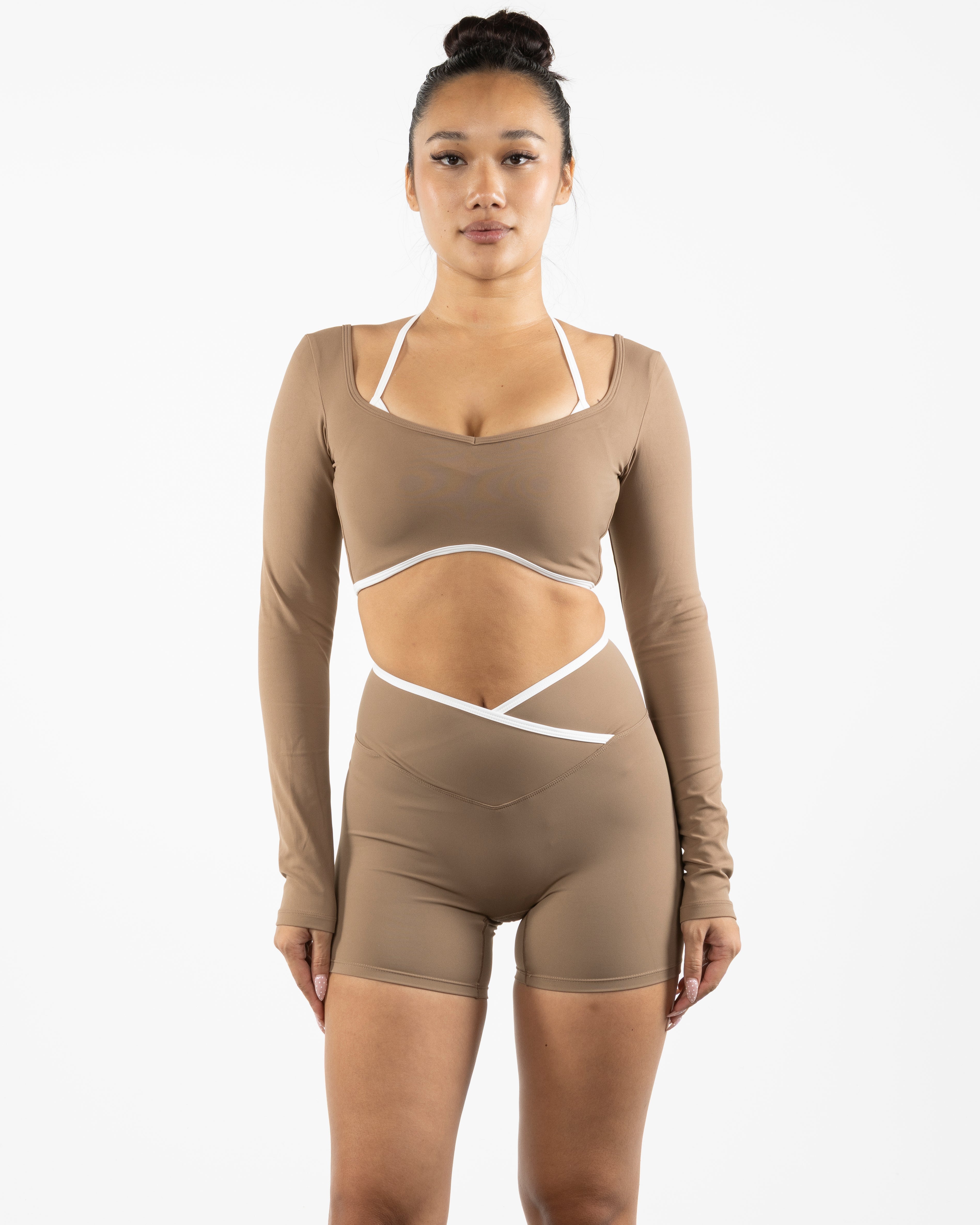 The Piped Crop Long Sleeve - Brown - Bodyrok Employee - Center Back - Printed - White
