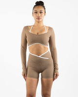 The Piped Crop Long Sleeve - Brown - Bodyrok Employee - Center Back - Printed - White