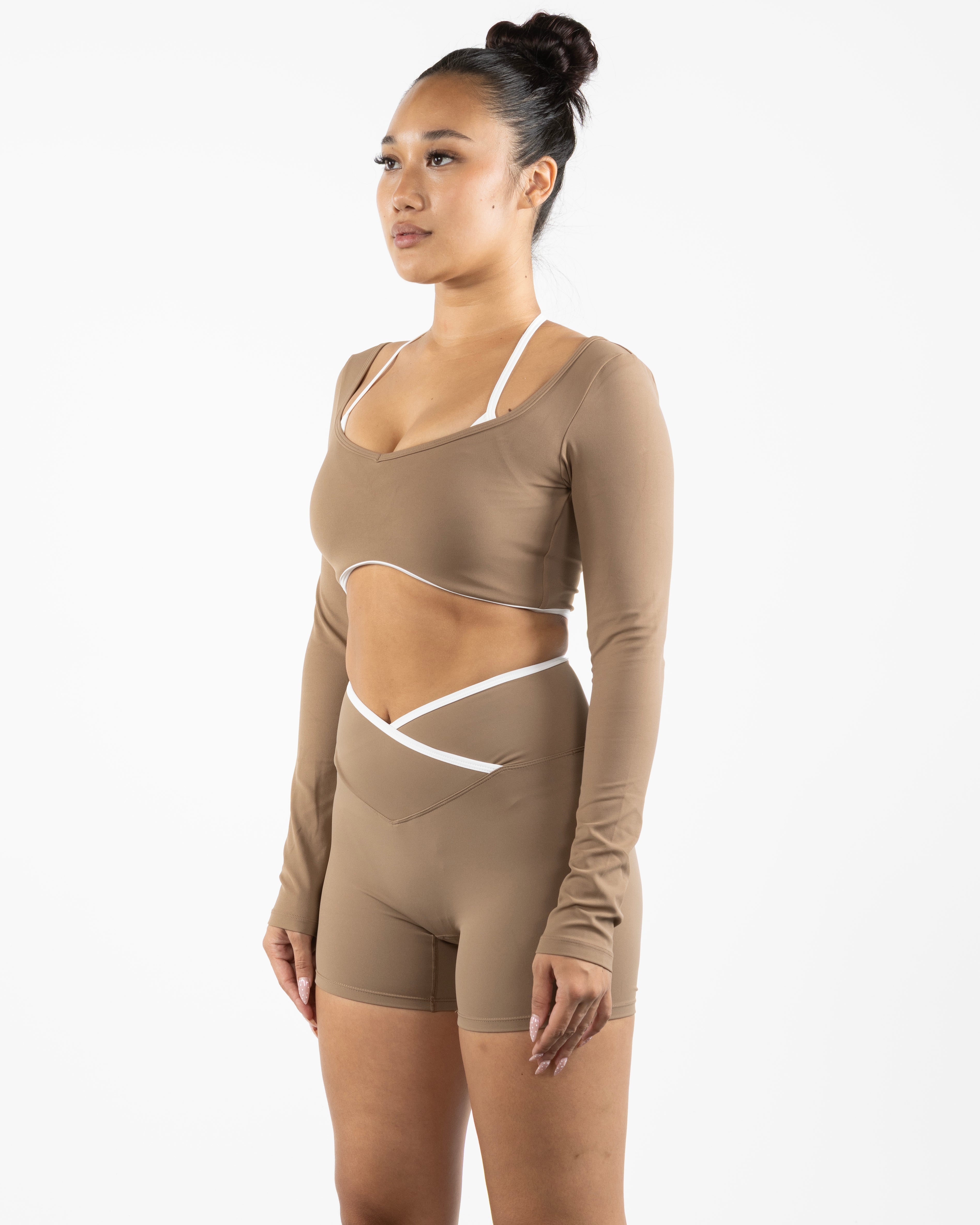 The Piped Crop Long Sleeve - Brown - Bodyrok Employee - Center Back - Printed - White