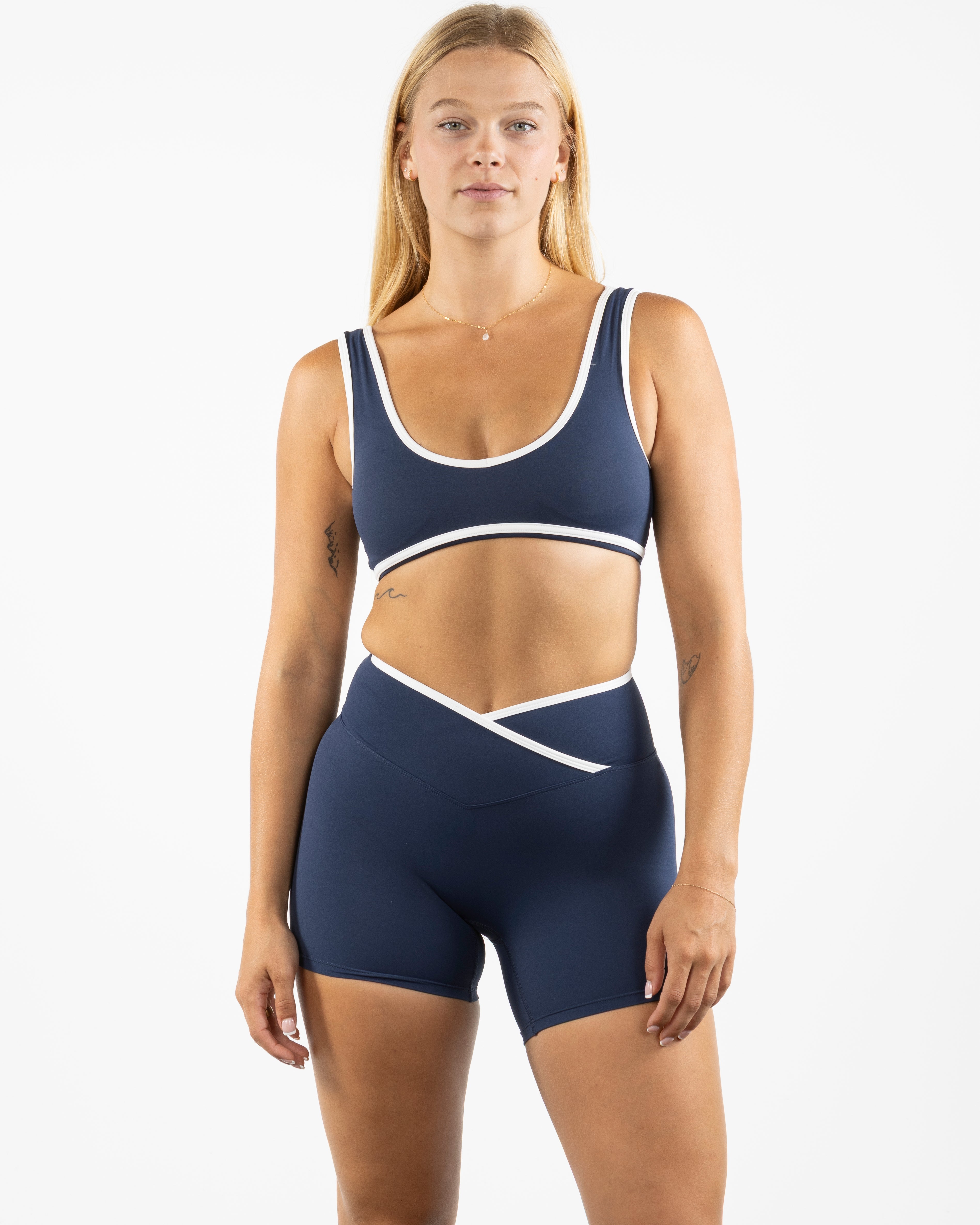 The Piped Bra - Navy - Pilates Plus PB - Left Chest - Printed - White
