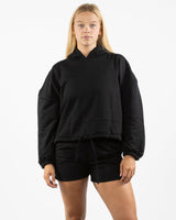 The Cropped Drawstring Hoodie - Black - SOUL YOGA - Left Chest Stacked - Printed - White