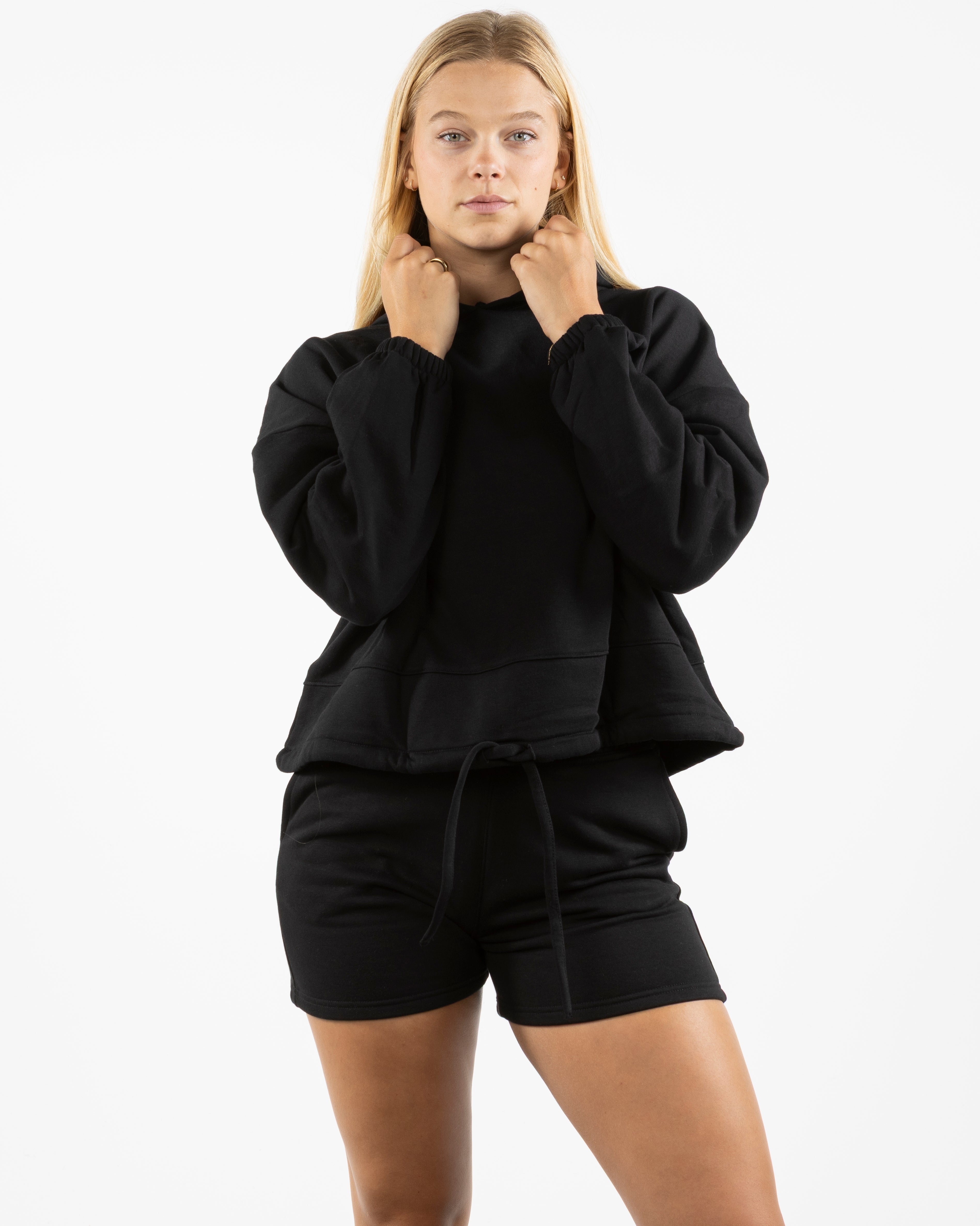 The Cropped Drawstring Hoodie - Black - SOUL YOGA - Left Chest Stacked - Printed - White