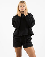 The Cropped Drawstring Hoodie - Black - SOUL YOGA - Left Chest Stacked - Printed - White