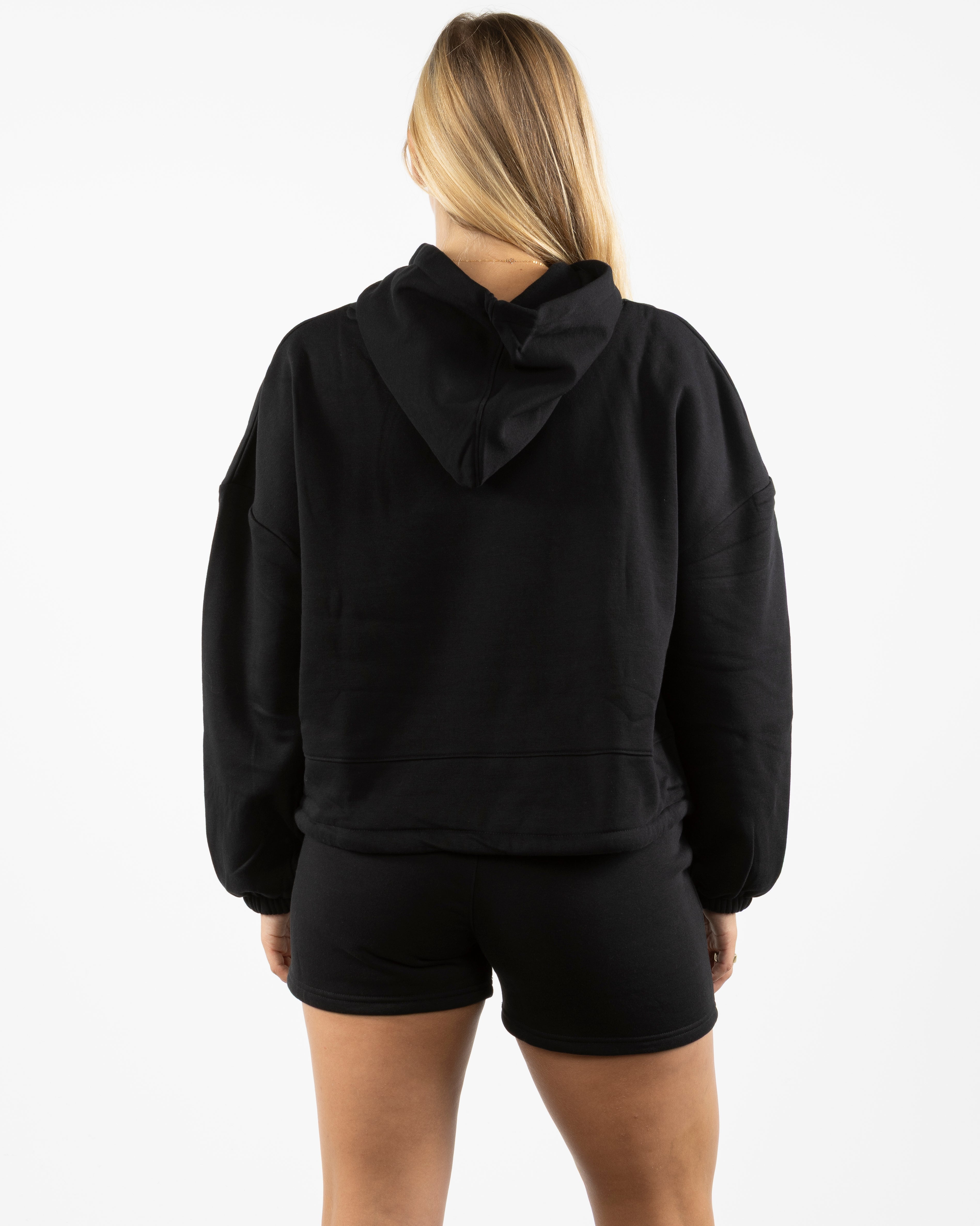 The Cropped Drawstring Hoodie - Black - SOUL YOGA - Left Chest Stacked - Printed - White