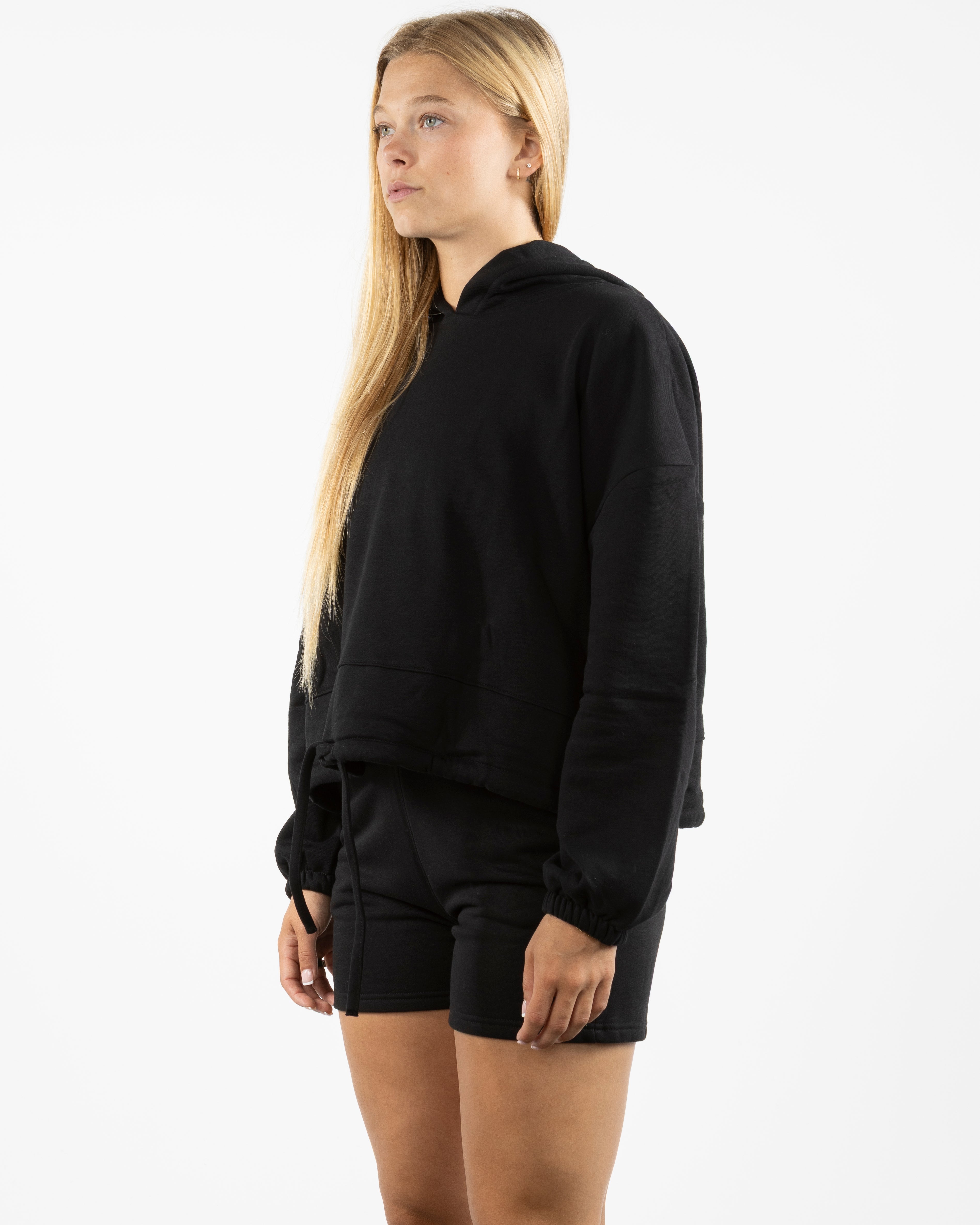 The Cropped Drawstring Hoodie - Black - SOUL YOGA - Left Chest Stacked - Printed - White