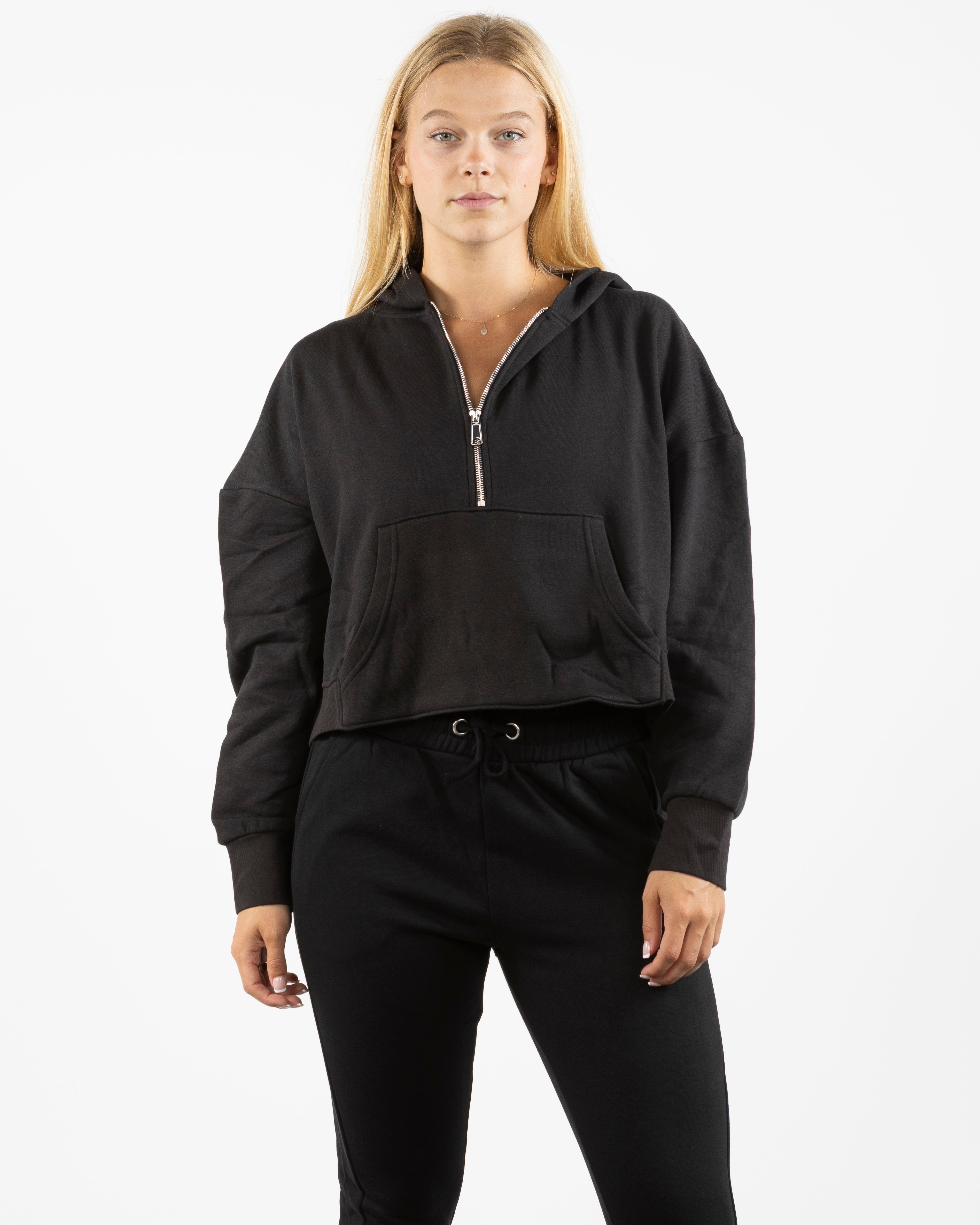 The Half Zip Hoodie - Black - Haus of Fitness - Left Chest Stacked & Back Round - Printed - Full Color