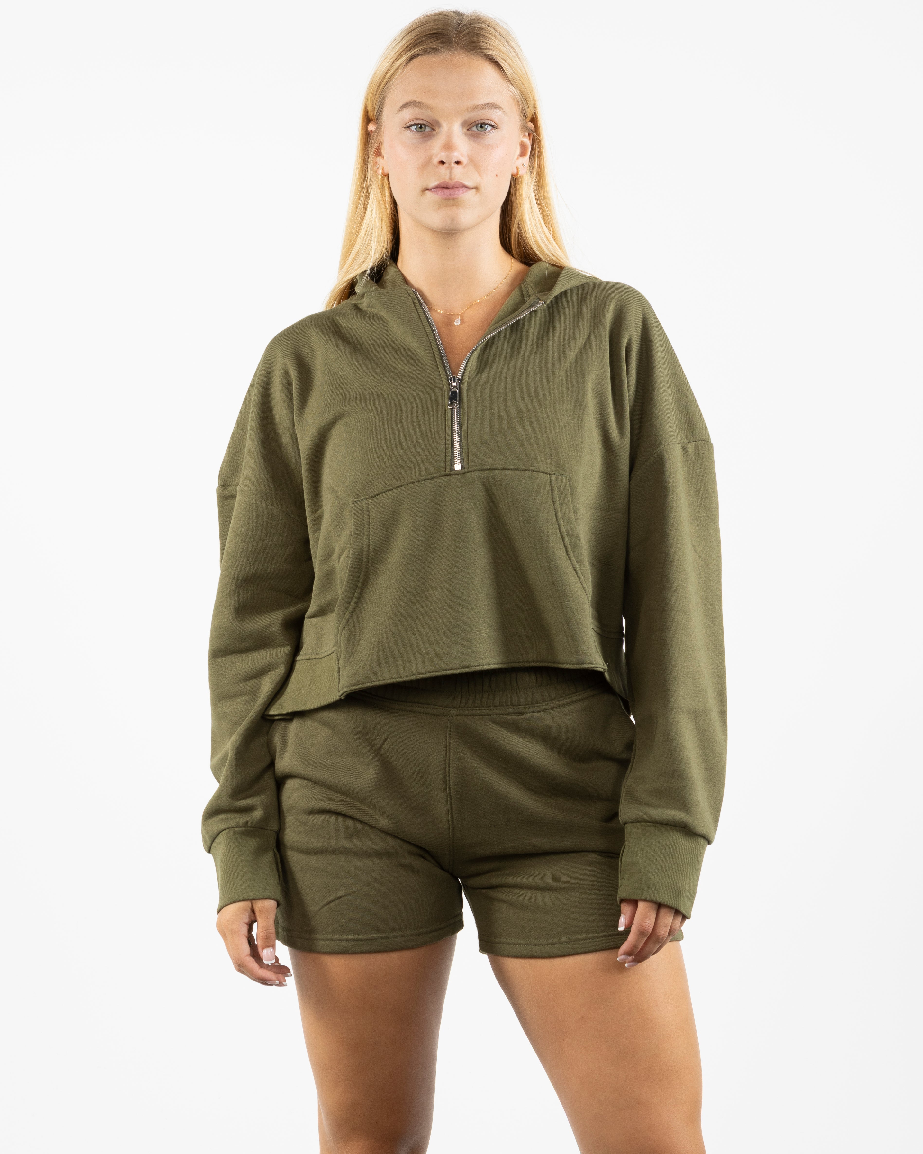The Half Zip Hoodie - Olive - Lucky Penny - Left Chest Logo & Center Back Logo Stacked - Printed - White