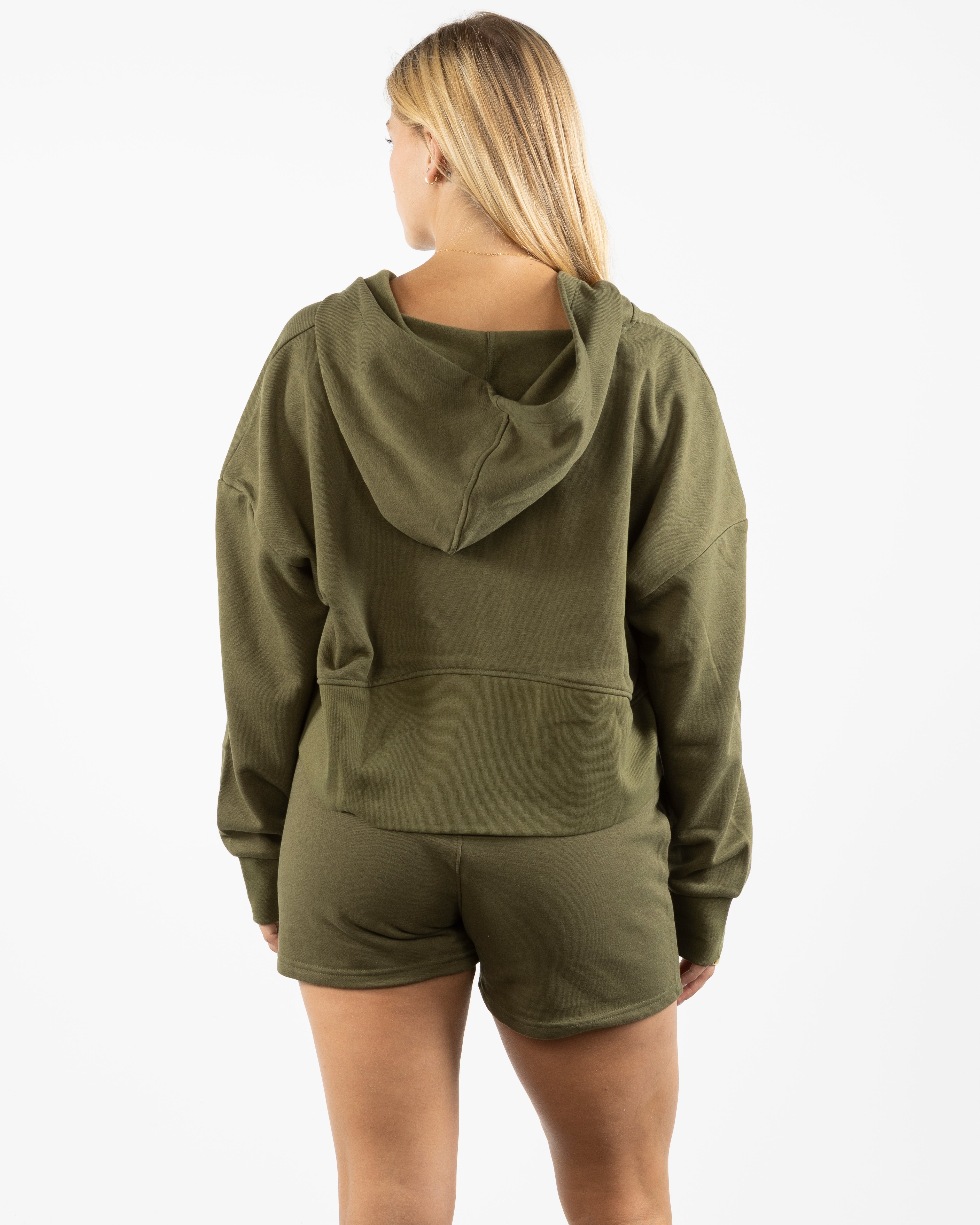 The Half Zip Hoodie - Olive - Lucky Penny - Left Chest Logo & Center Back Logo Stacked - Printed - White