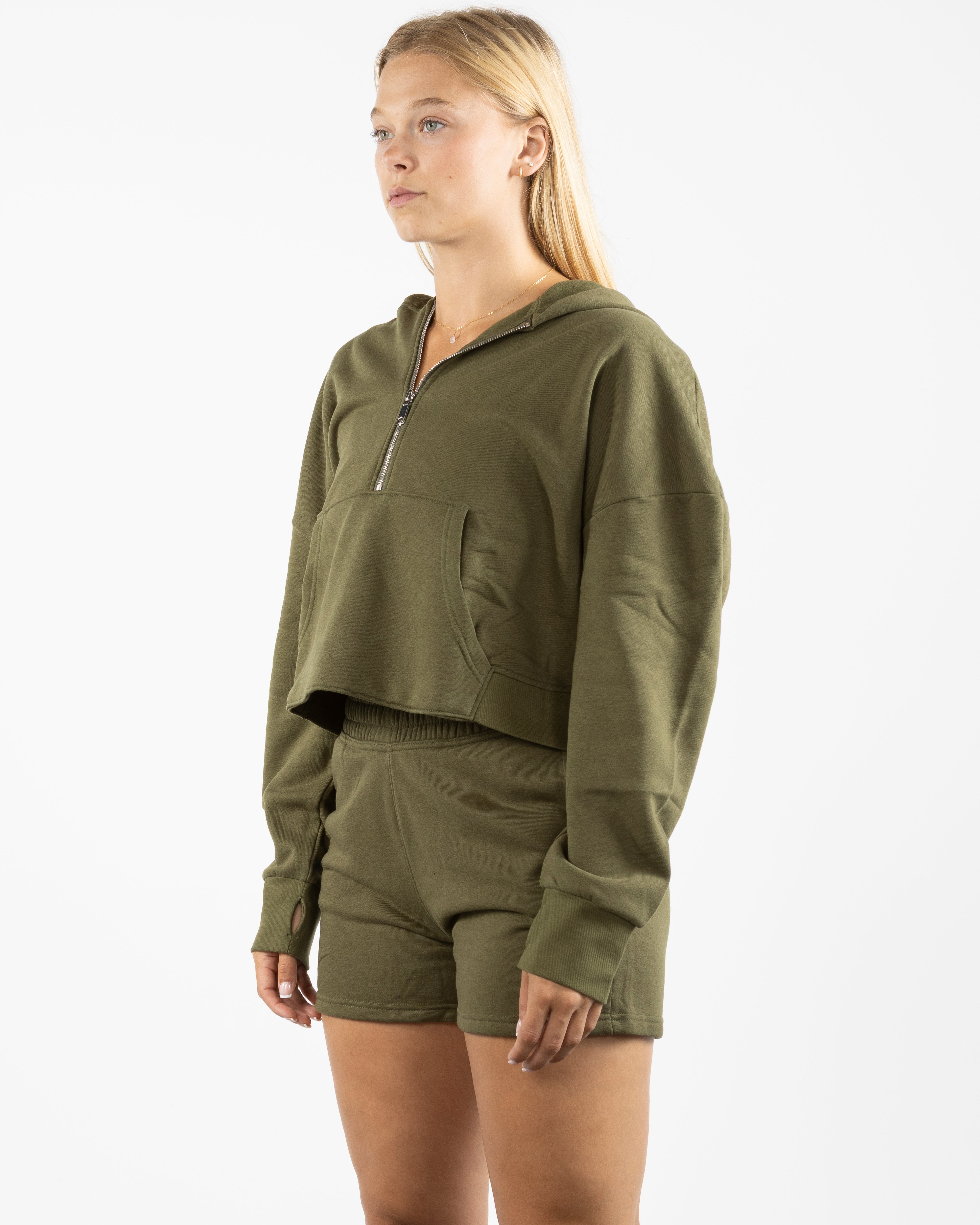 The Half Zip Hoodie - Olive - Lucky Penny - Left Chest Logo & Center Back Logo Stacked - Printed - White