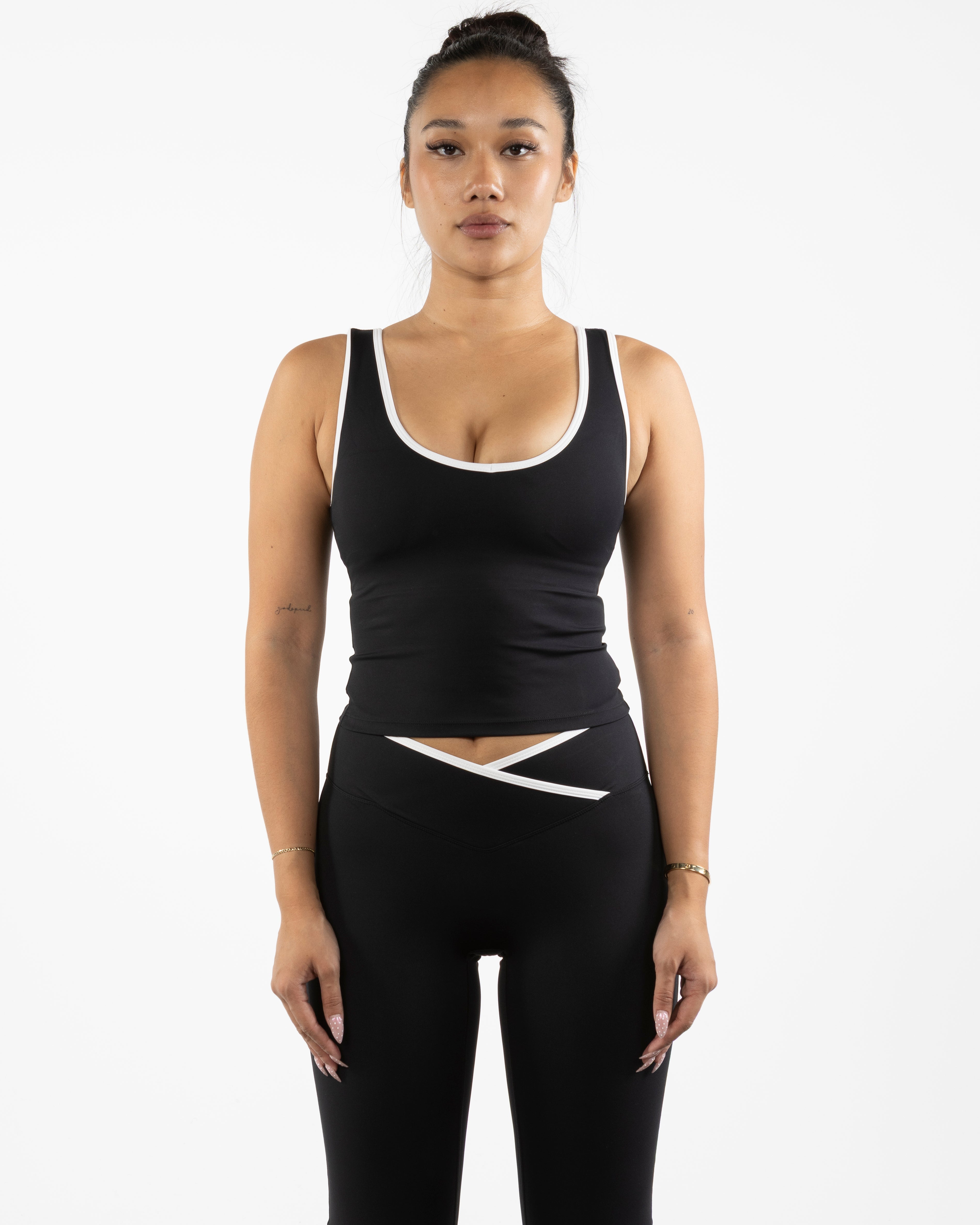 The Piped 3/4 Crop Tank - Black - The Platform Studio - Center Chest - Printed - White