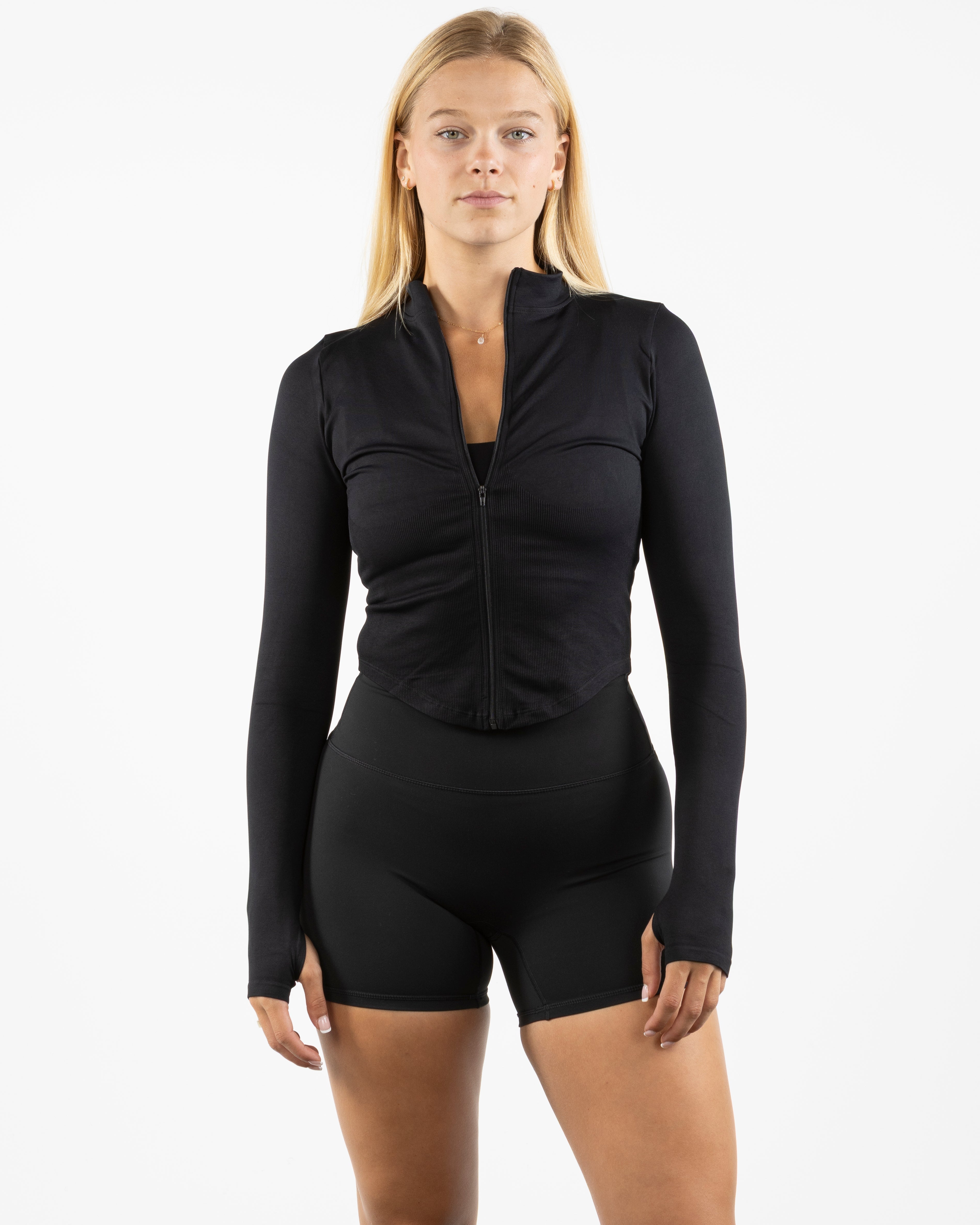 The 3/4 Crop Zip Jacket - Black - Gladden Gains - Left Chest - Printed - White