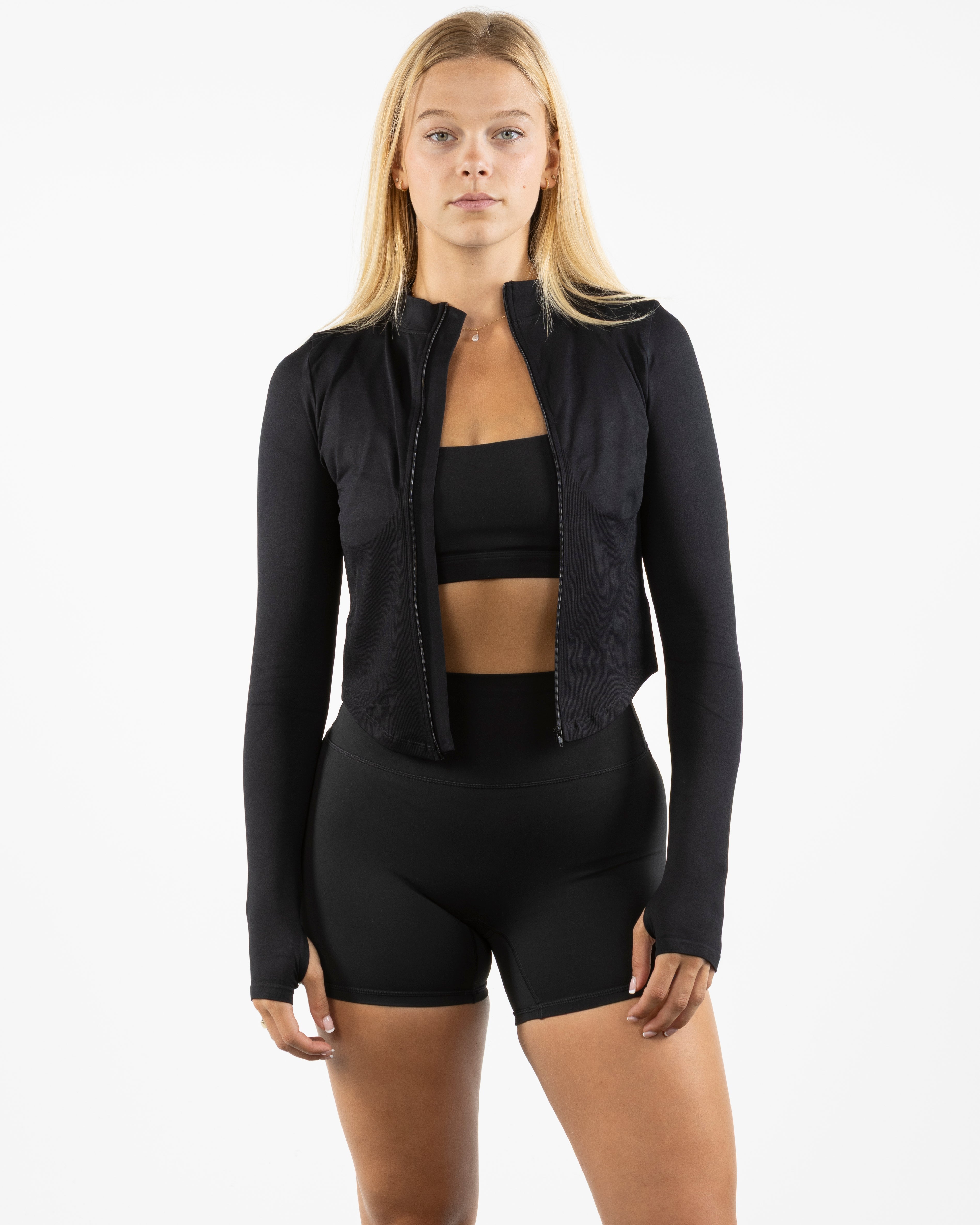 The 3/4 Crop Zip Jacket - Black - Gladden Gains - Left Chest - Printed - White
