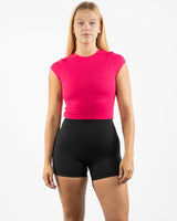 The Sporty Crop Short Sleeve - Pink - Pulse 712 - Center Chest Stacked - Printed - White