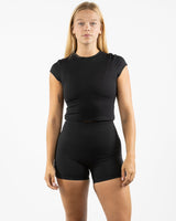 The Sporty Crop Short Sleeve - Black - Pulse 712 - Center Chest Stacked - Printed -White