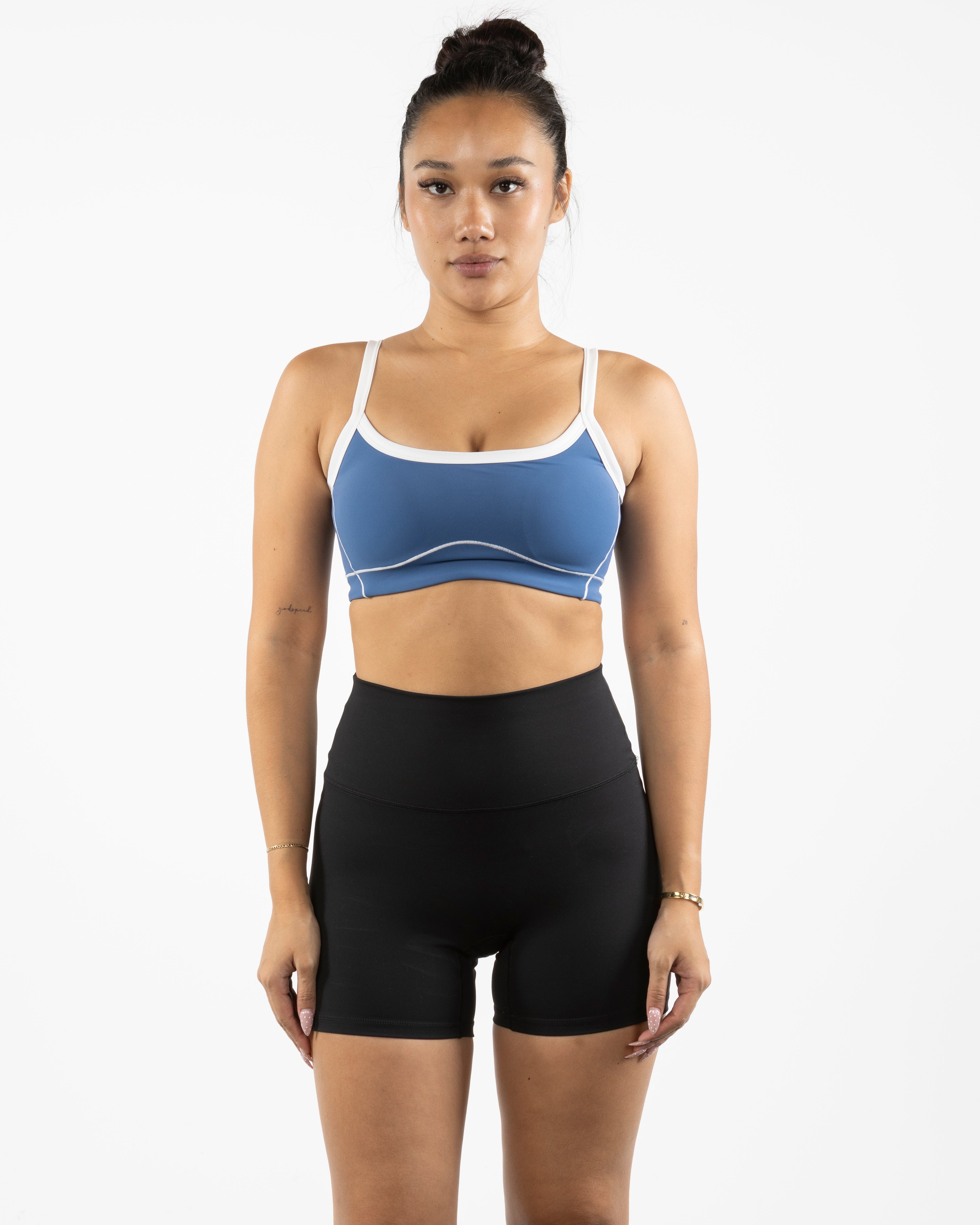 The Piped Scoop Sports Bra - Blue - Collective Studios - Center Chest "TCS" - Printed - White