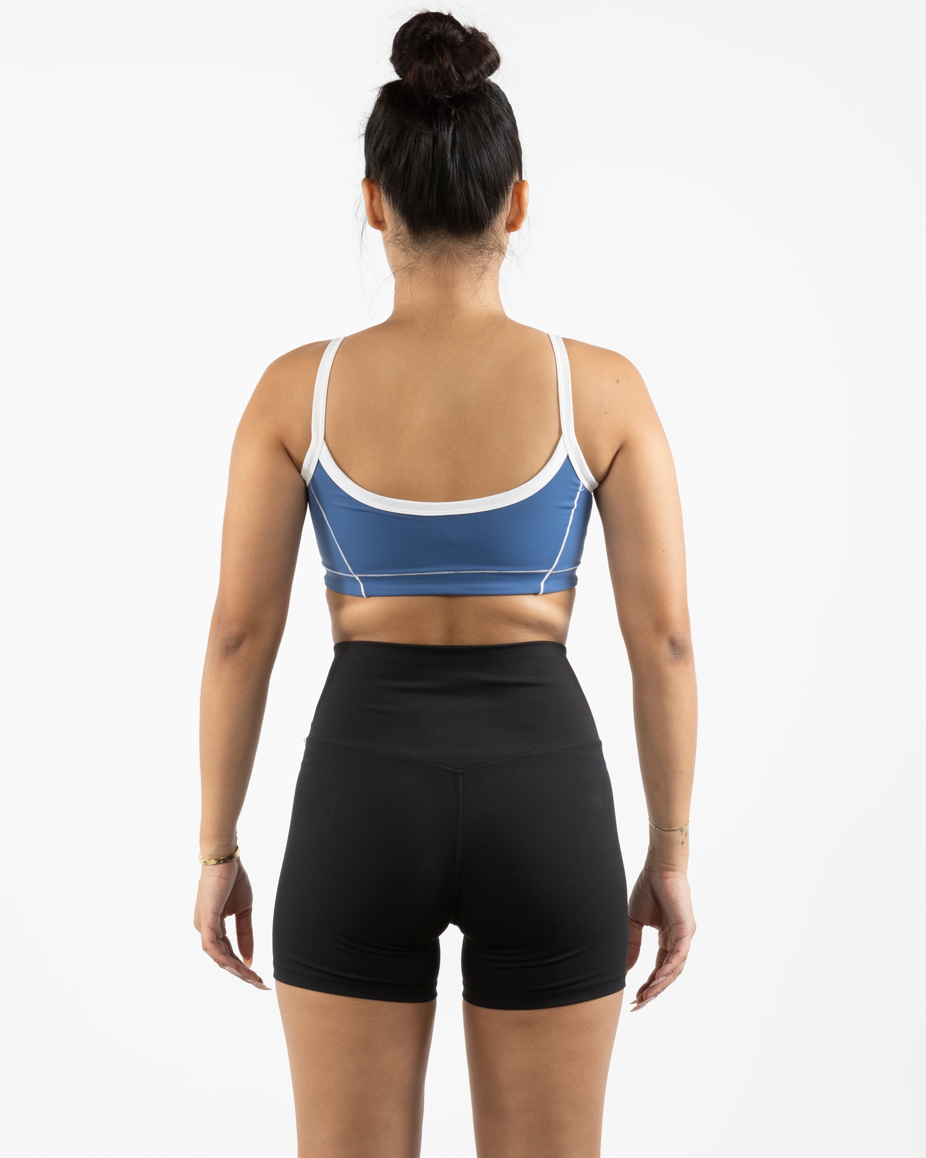 The Piped Scoop Sports Bra - Blue - Collective Studios - Center Chest "TCS" - Printed - White