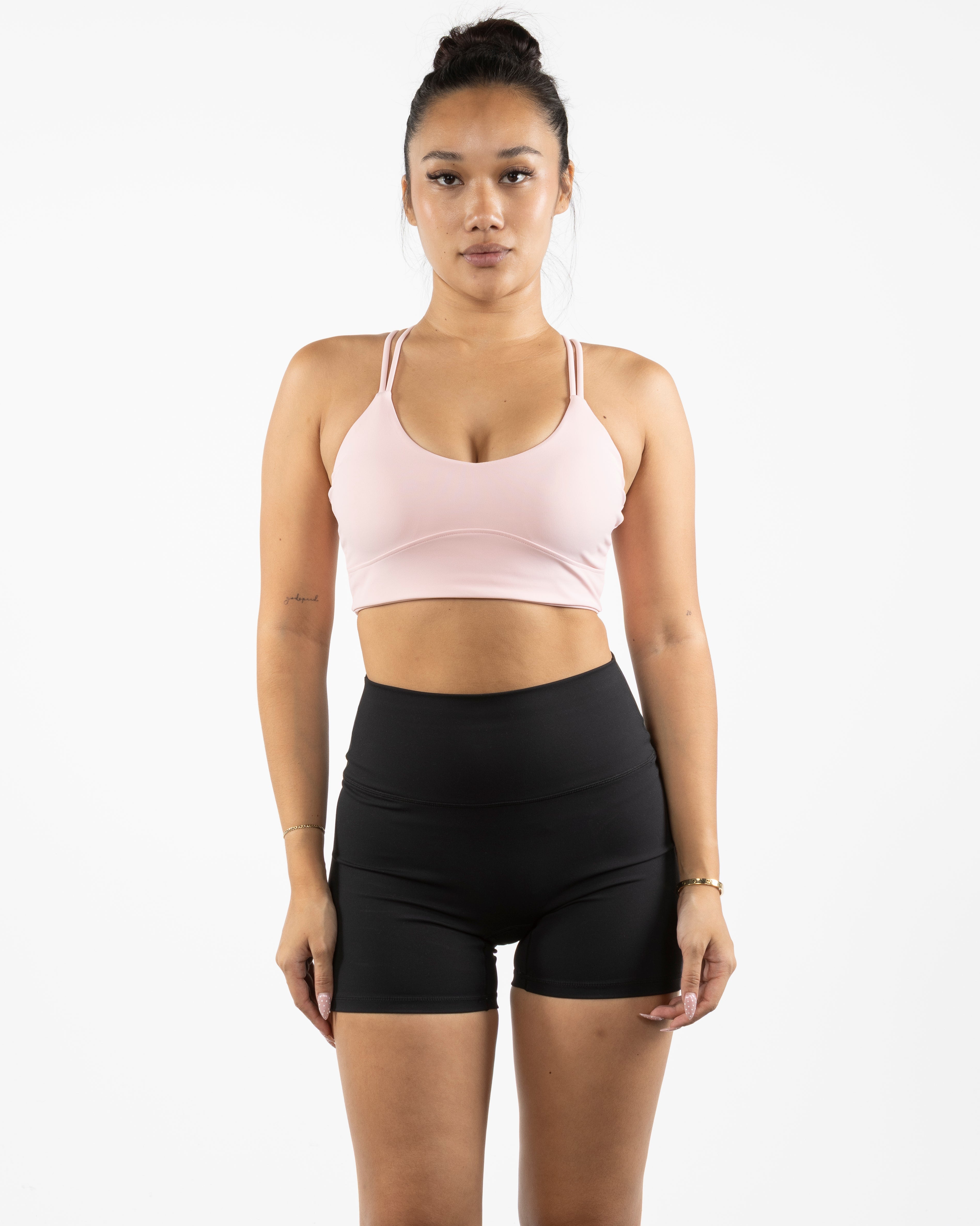 The Strappy Bra - Pink - Vibe Hot Yoga & Pilates - Back Stacked - Printed - White