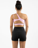 The One Shoulder Bra - Pink - Vibe Hot Yoga & Pilates - Back Logo - Printed - White
