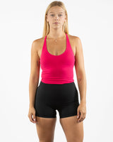 The Sporty Strappy Tank - Pink - Pulse 712 - Center Chest Stacked - Printed - White