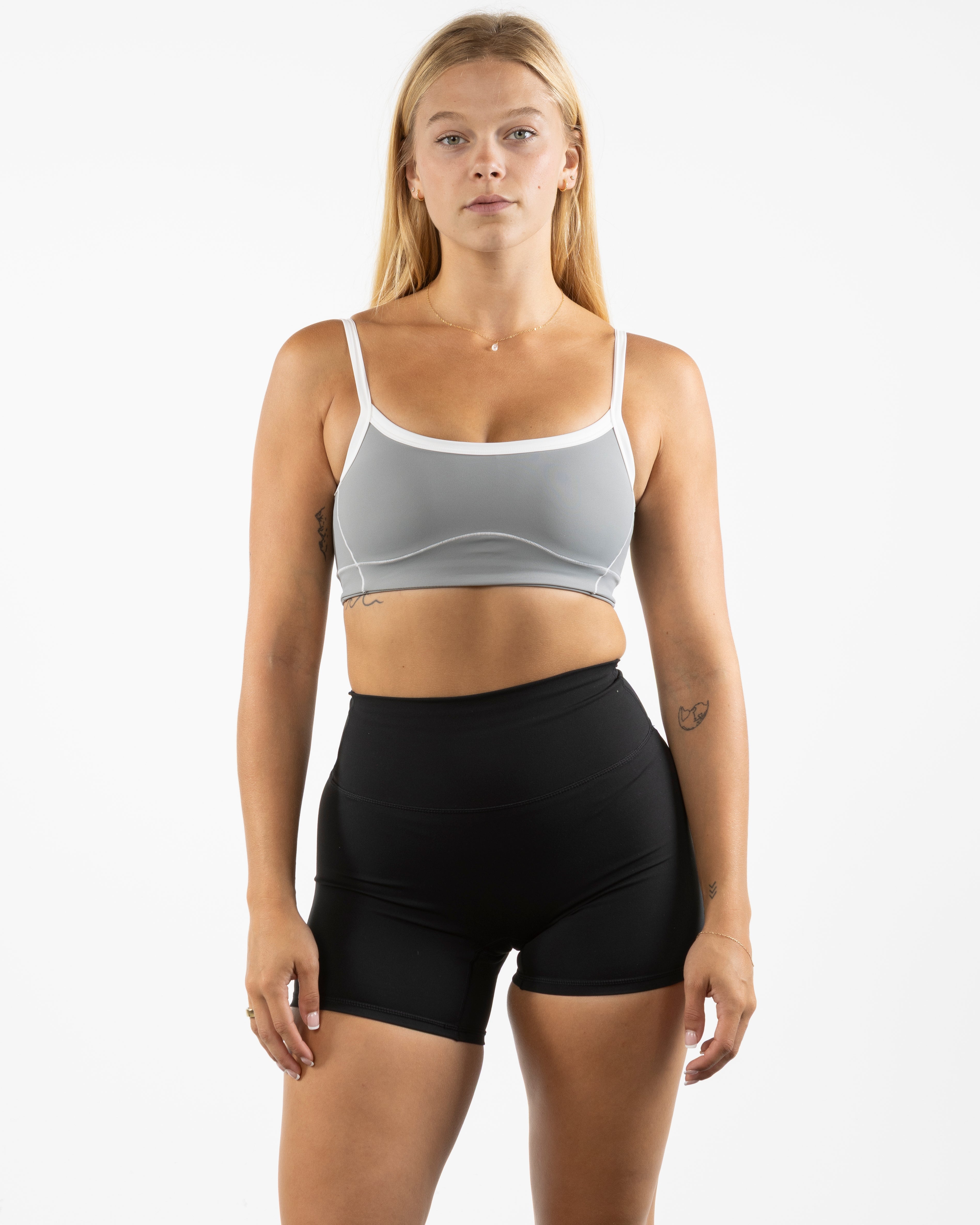 The Piped Scoop Sports Bra - Gray - enCore Pilates - Center Back - Printed - White