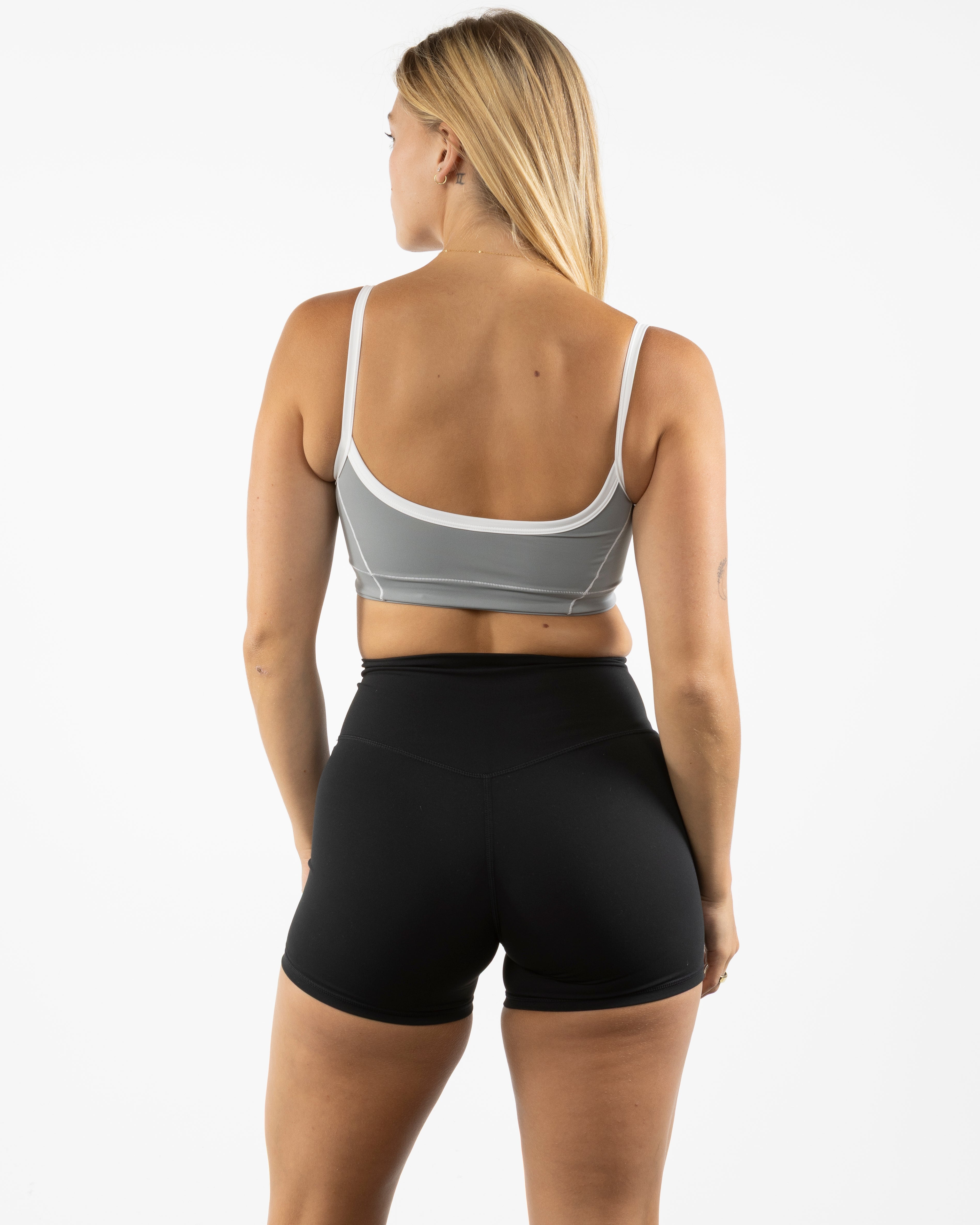 The Piped Scoop Sports Bra - Gray - enCore Pilates - Center Back - Printed - White