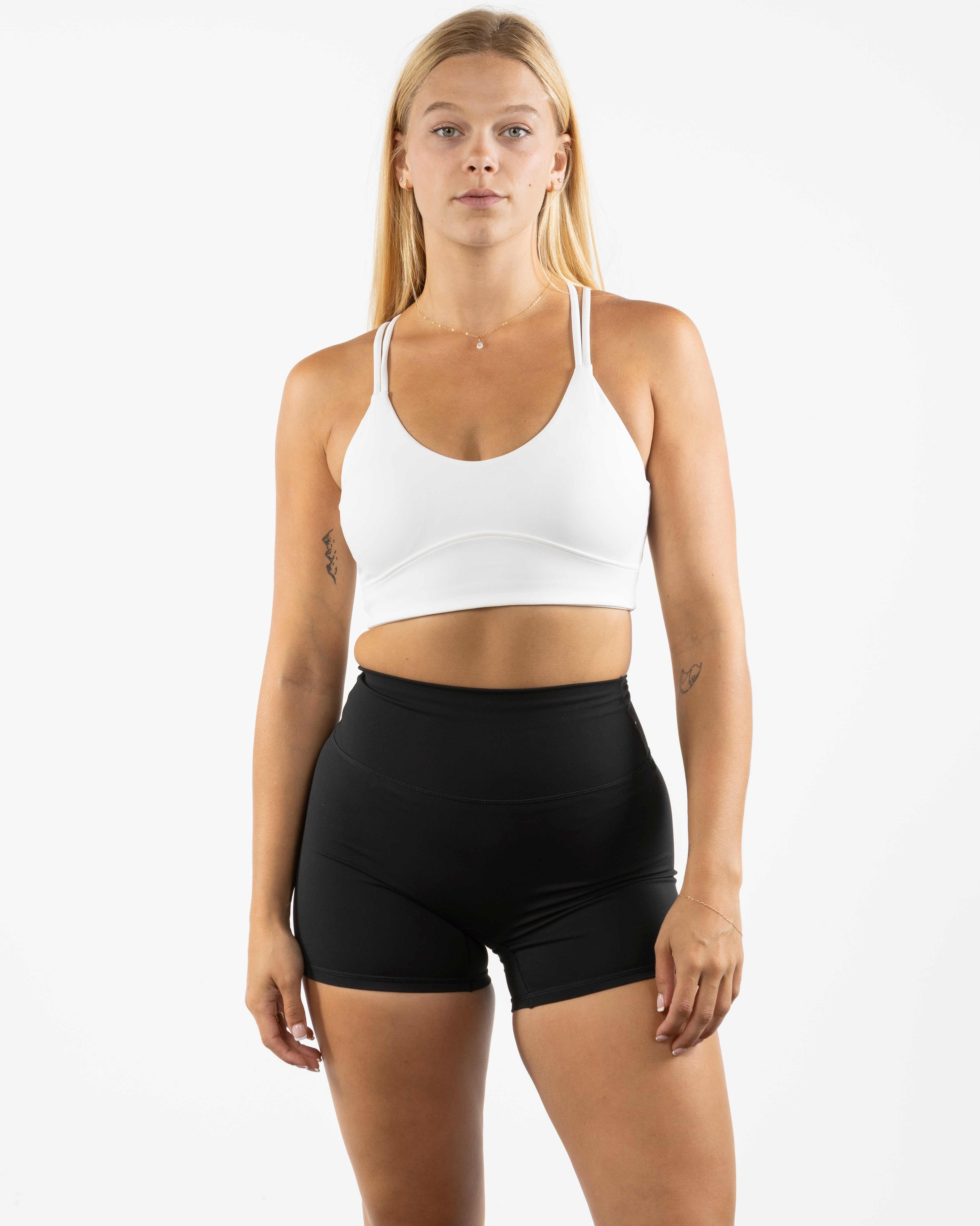 The Strappy Bra - White - Platinum Pilates - Back Center Stacked - Printed - Full Color
