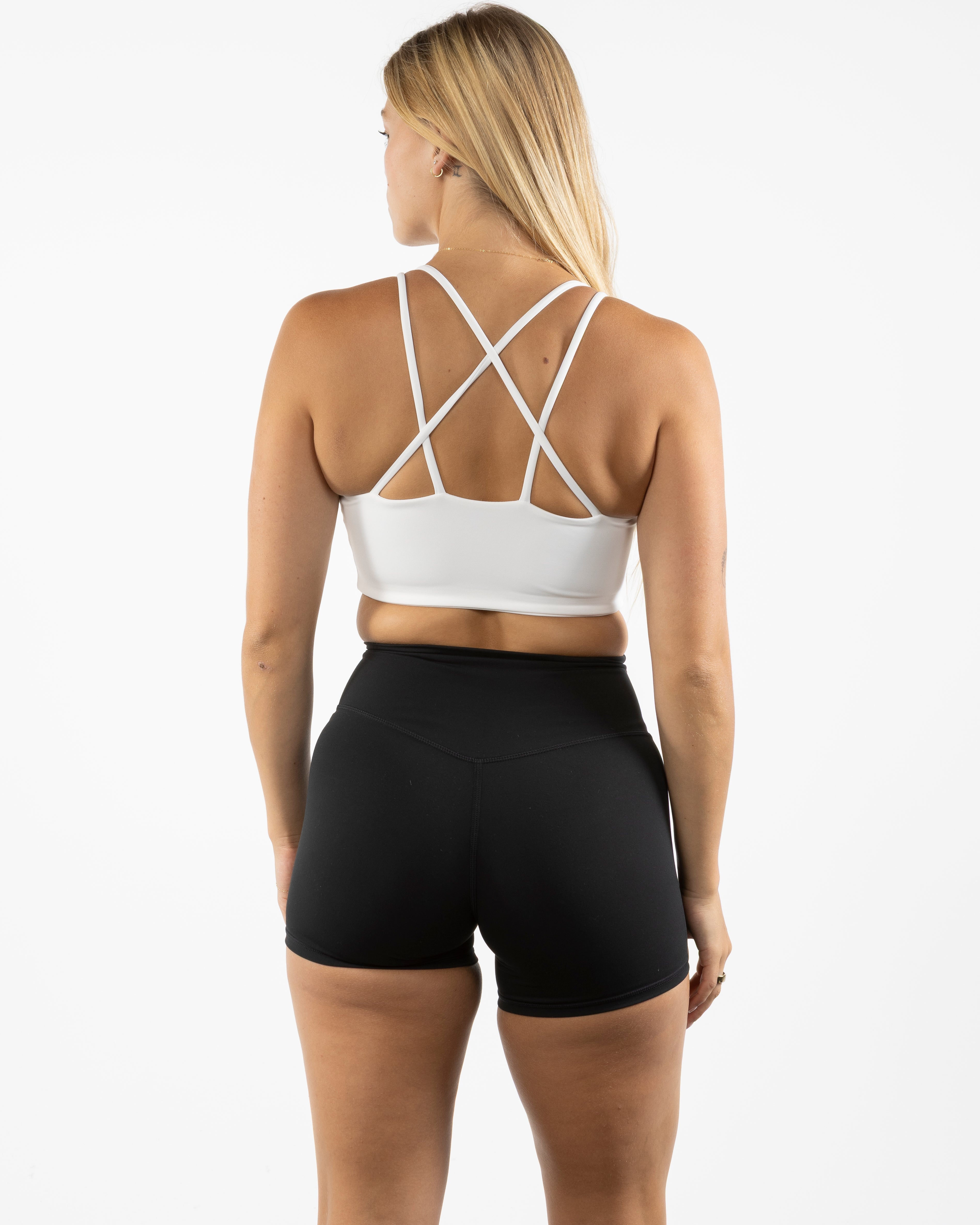 The Strappy Bra - White - Platinum Pilates - Back Center Stacked - Printed - Full Color