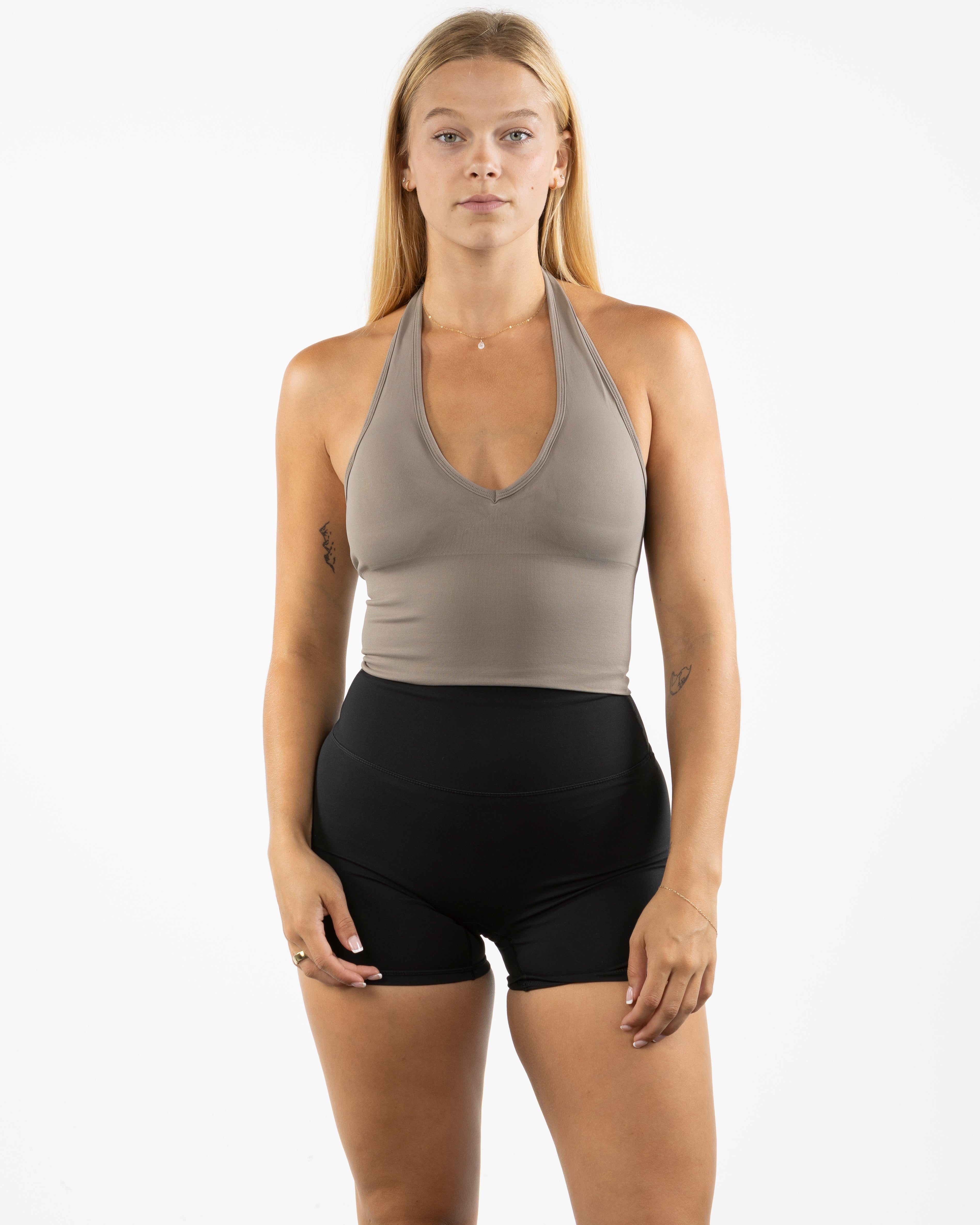 The Halter Tank - Brown - Honor Pilates - Left Chest Logo & Center Bottom - Printed - Off White