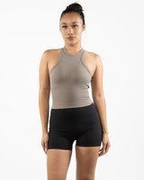 The High Neck Racer Tank - Brown - MegaBarre - Center Chest Stacked - Printed - White