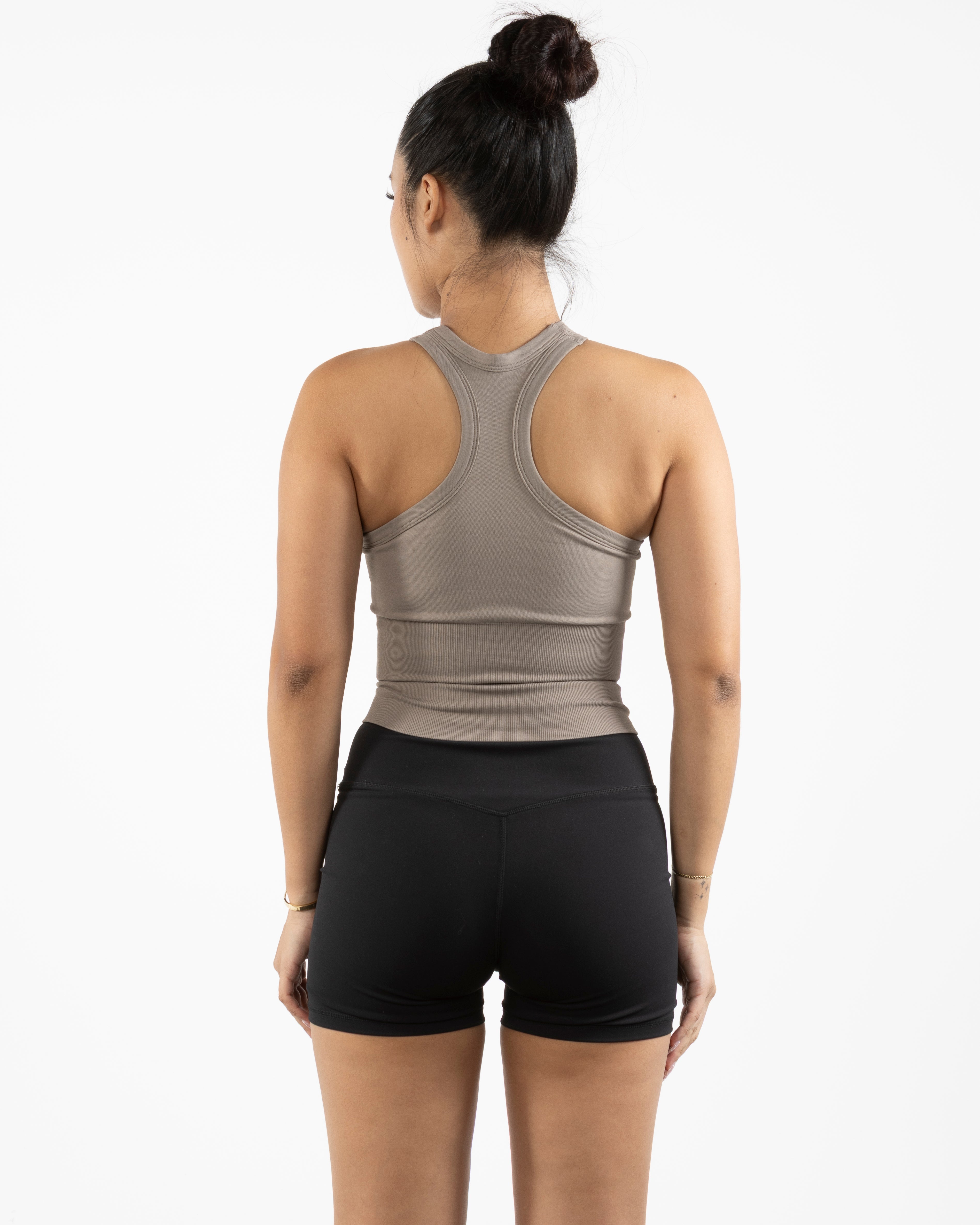 The High Neck Racer Tank - Brown - MegaBarre - Center Chest Stacked - Printed - White