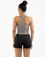 The High Neck Racer Tank - Brown - MegaBarre - Center Chest Stacked - Printed - White