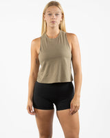 The Crop Muscle Racerback - Heather Olive - Haus of Fitness - Center Chest - Printed - White