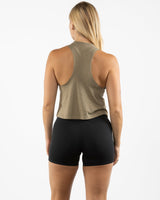 The Crop Muscle Racerback - Heather Olive - Haus of Fitness - Center Chest - Printed - White