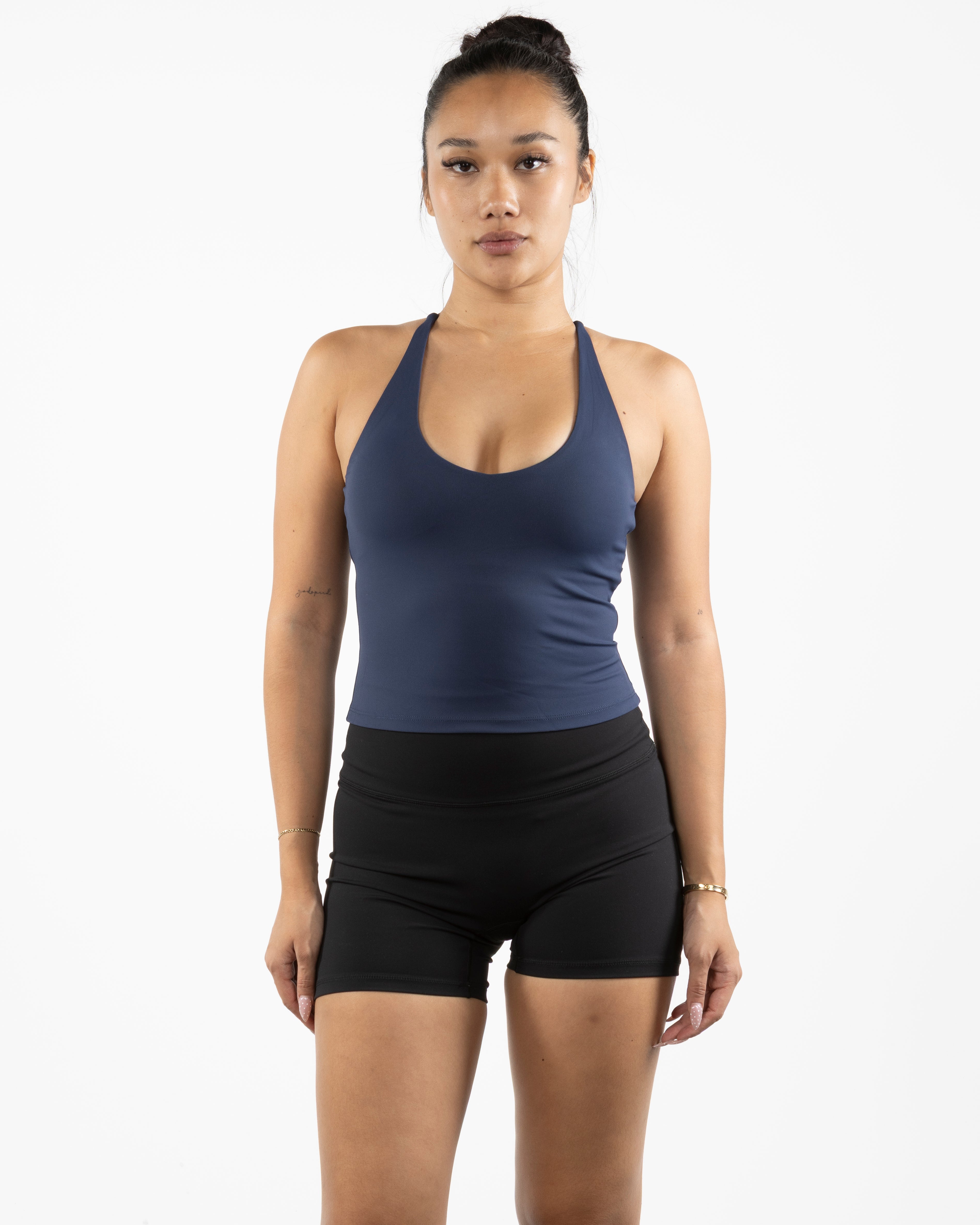 The Sporty Strappy Tank - Blue - Evolve Collective - Center Chest - Printed - White