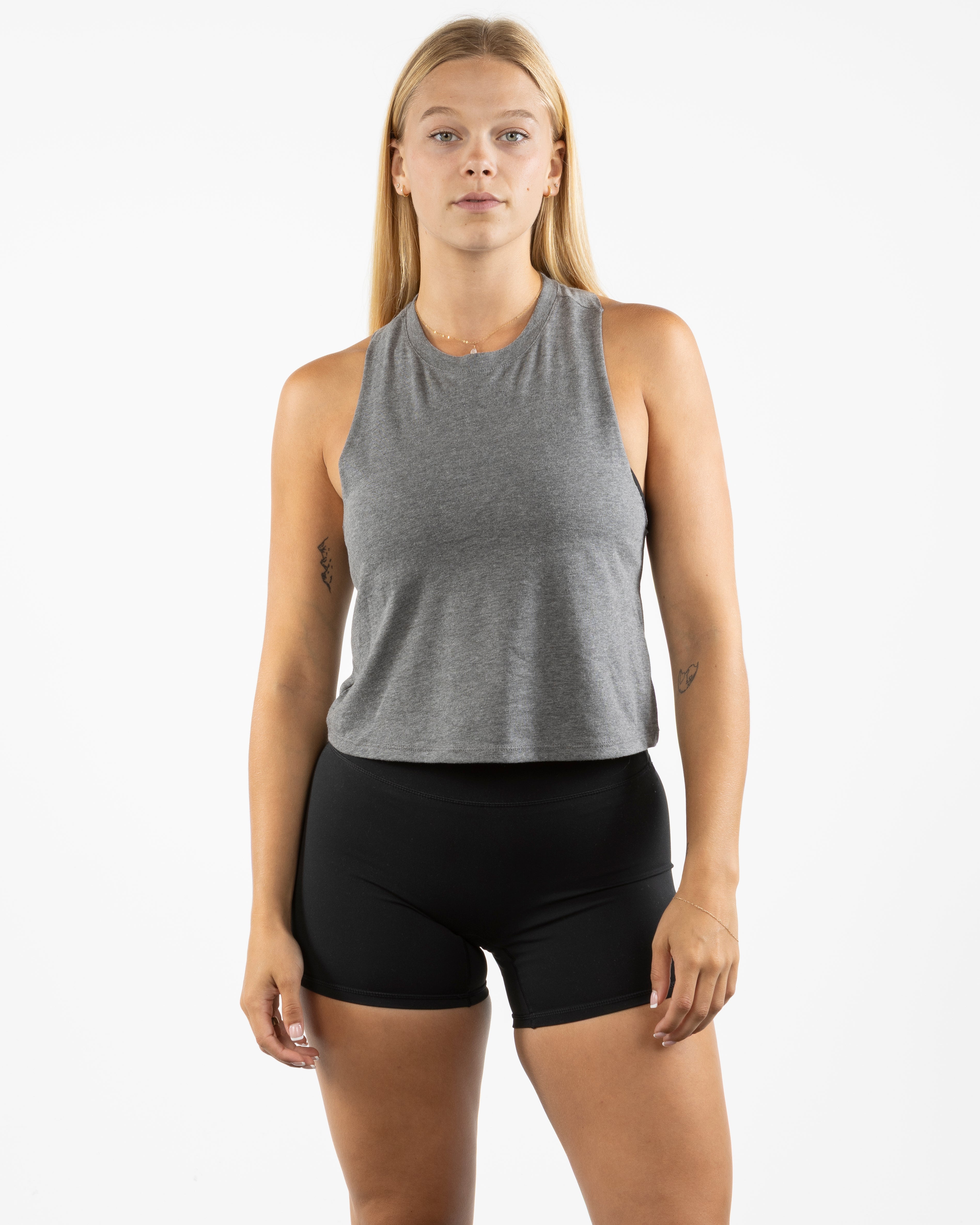 The Crop Muscle Racerback - Deep Heather - Evolve Collective - Center Chest - Printed - Black