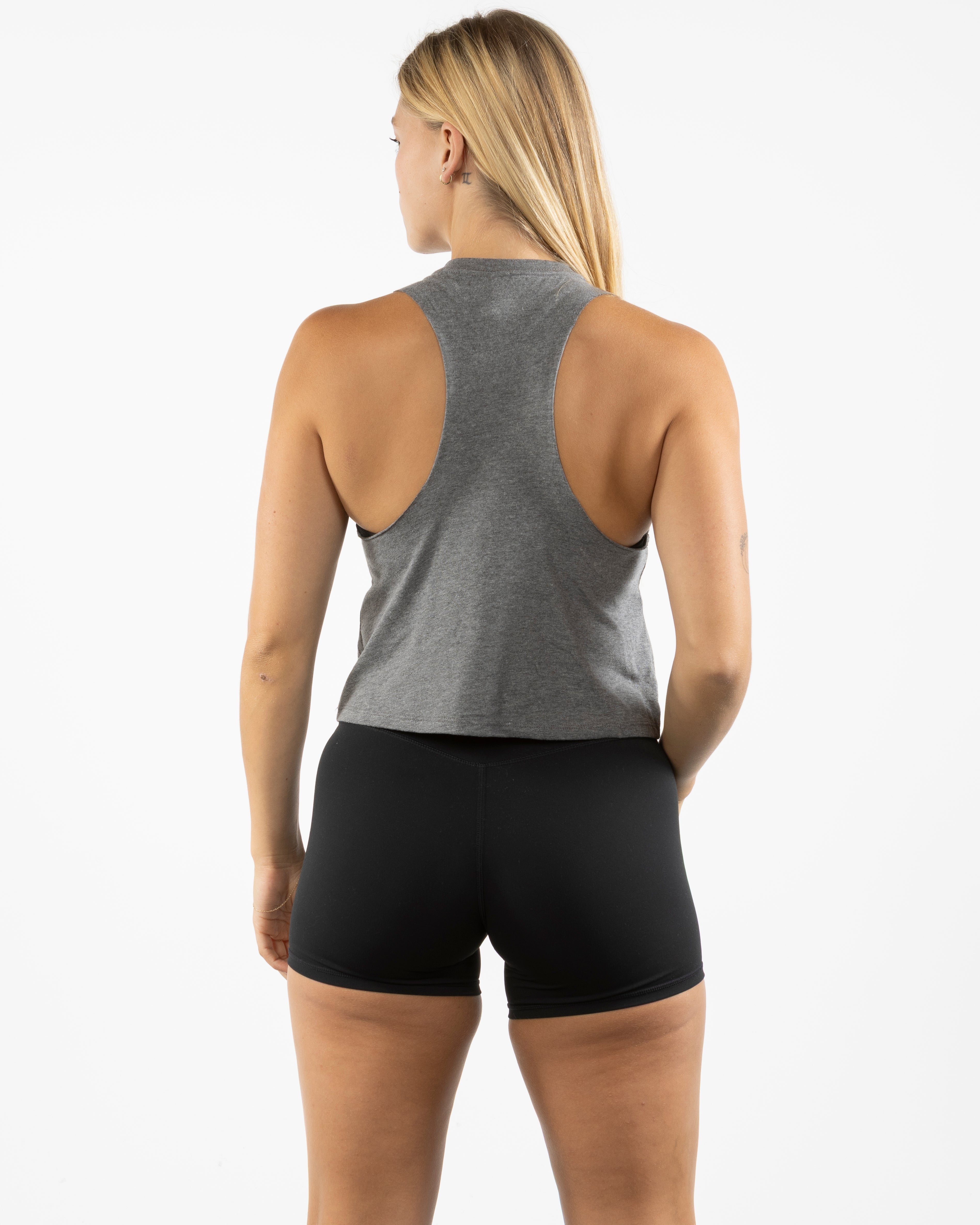 The Crop Muscle Racerback - Deep Heather - Evolve Collective - Center Chest - Printed - Black