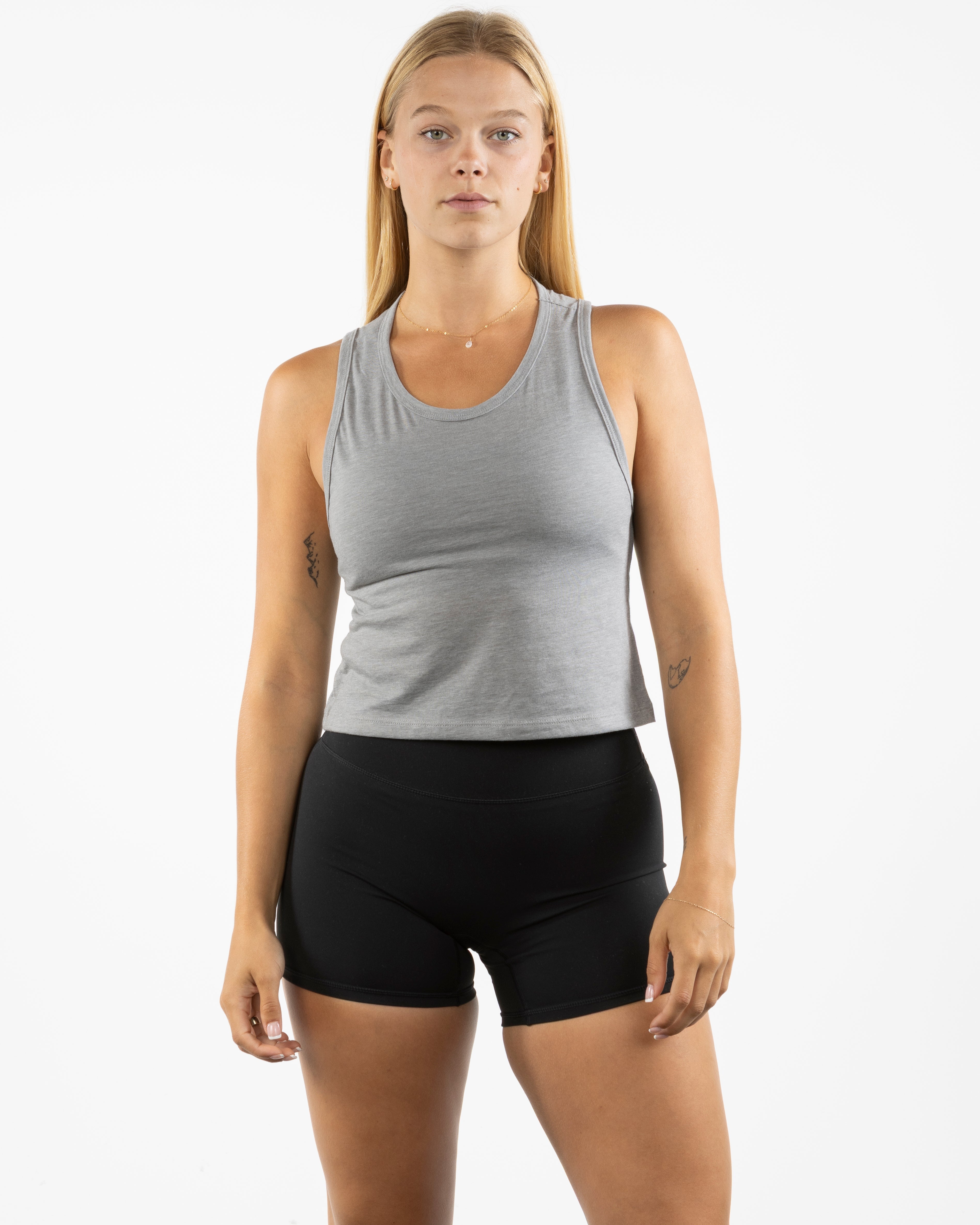 The Daily Crop Tank - Heather Gray - Pilates of Plantation - Left Chest - Printed - White