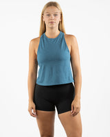 The Crop Muscle Racerback - Heather Deep Teal - Wicked Core - Back Spine - Printed - White