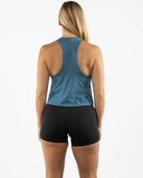 The Crop Muscle Racerback - Heather Deep Teal - Wicked Core - Back Spine - Printed - White