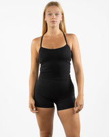 The Womens Sporty Tank - Black - Studio Lagree - Front Bottom Left & Center Back - Printed - White