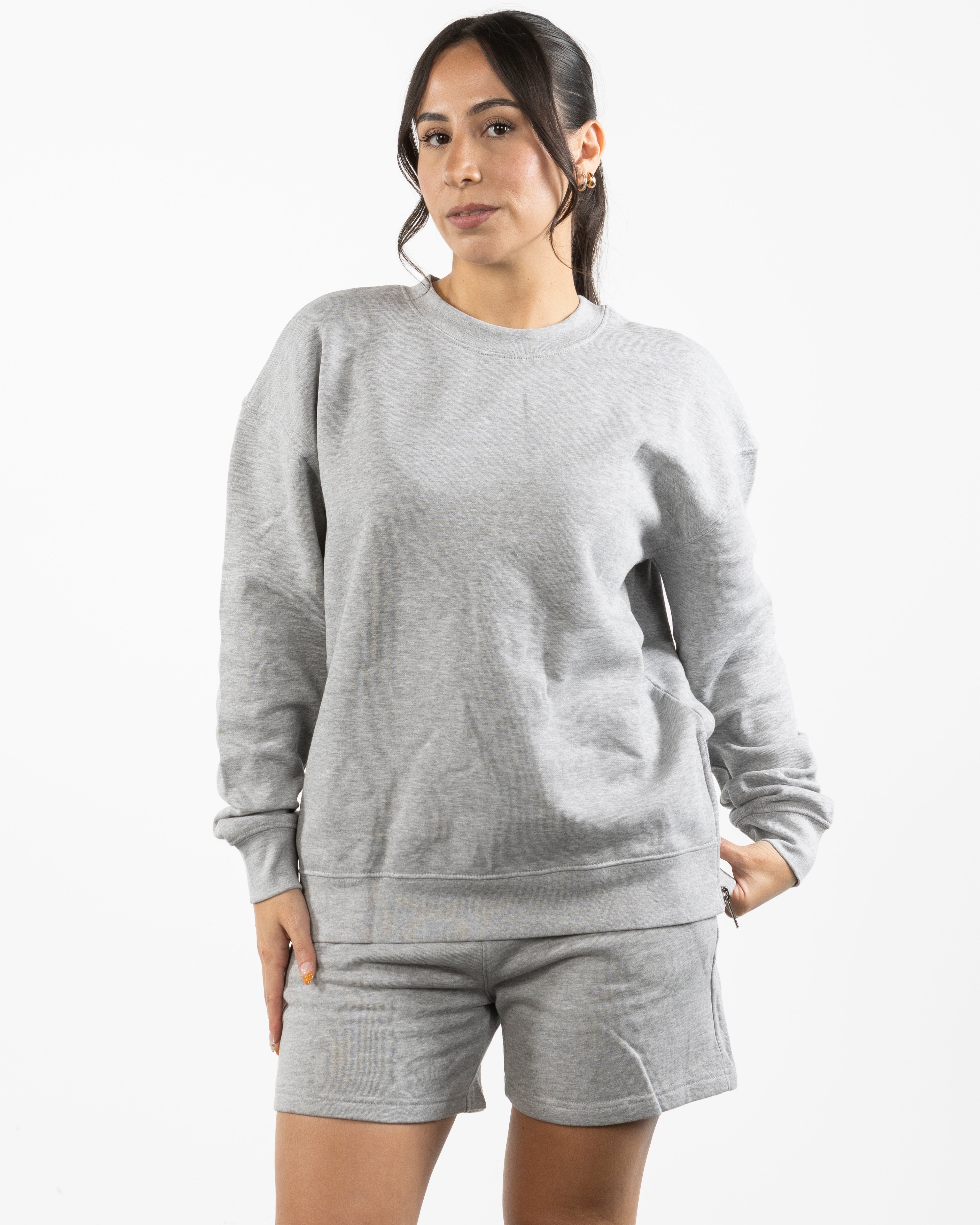 The Side Zip Crewneck - Heather - Fine Core Pilates - Left Chest Stacked - Printed - Black