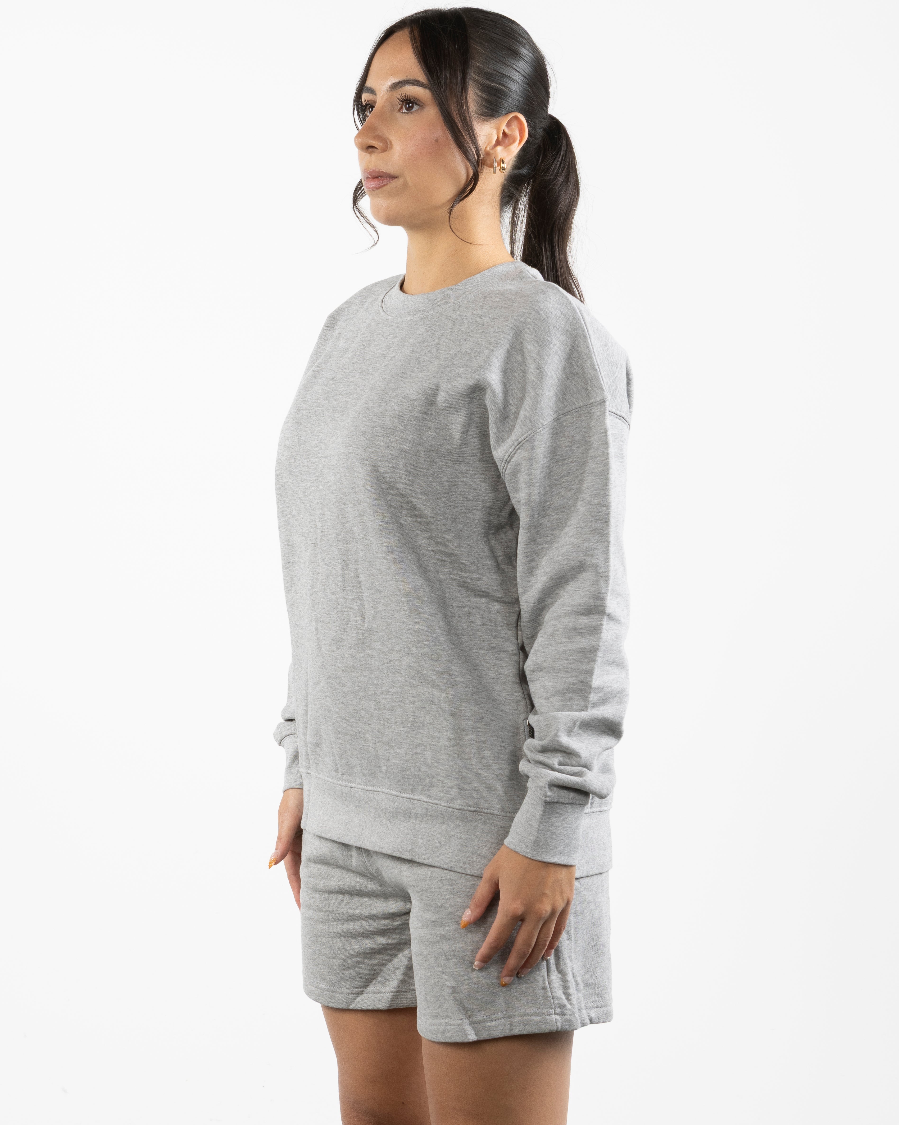 The Side Zip Crewneck - Heather - Fine Core Pilates - Left Chest Stacked - Printed - Black