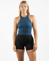 The High Neck Racer Tank - Blue - Rush Cycle Studio - Center Chest Stacked - Printed - White