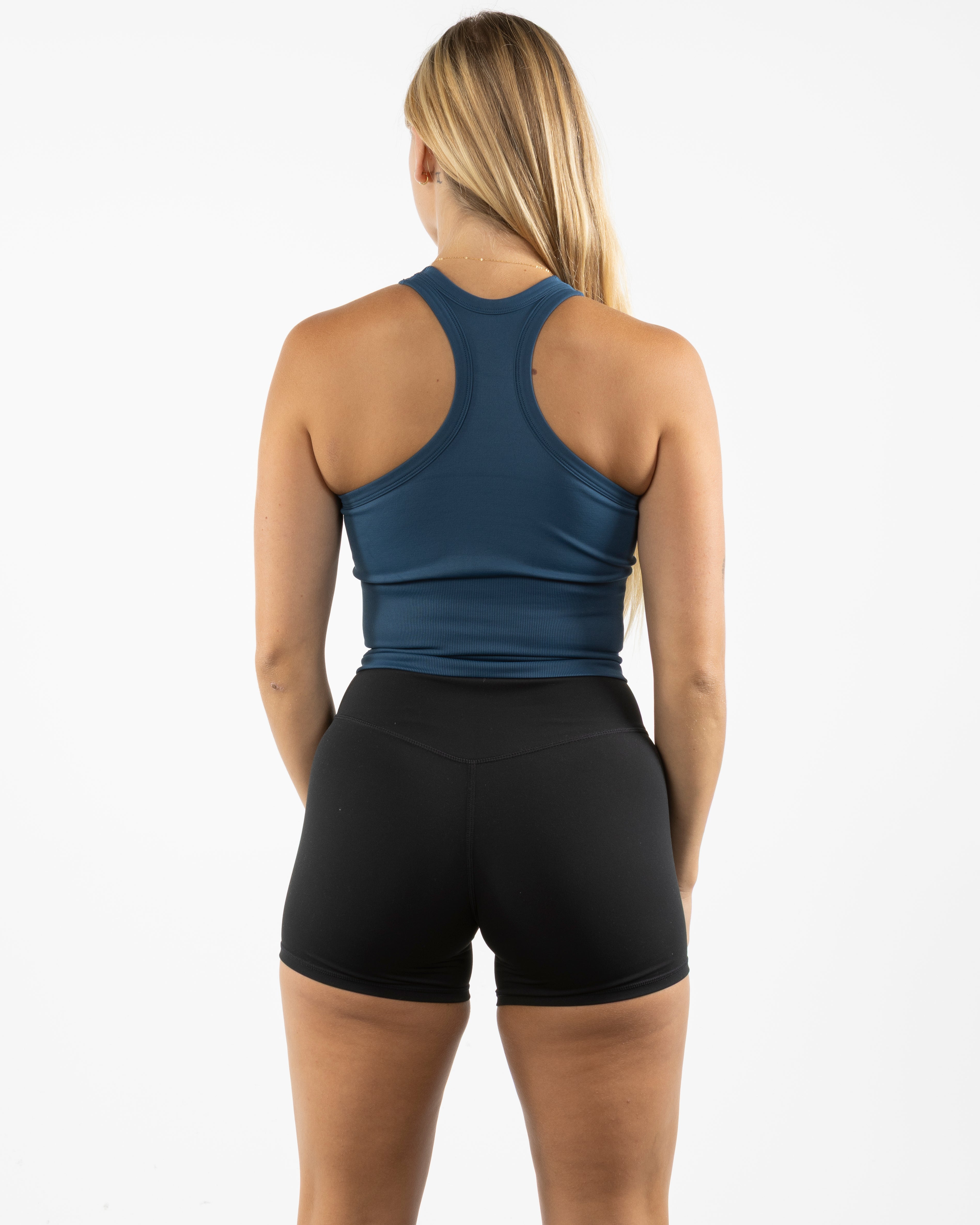 The High Neck Racer Tank - Blue - Rush Cycle Studio - Center Chest Stacked - Printed - White