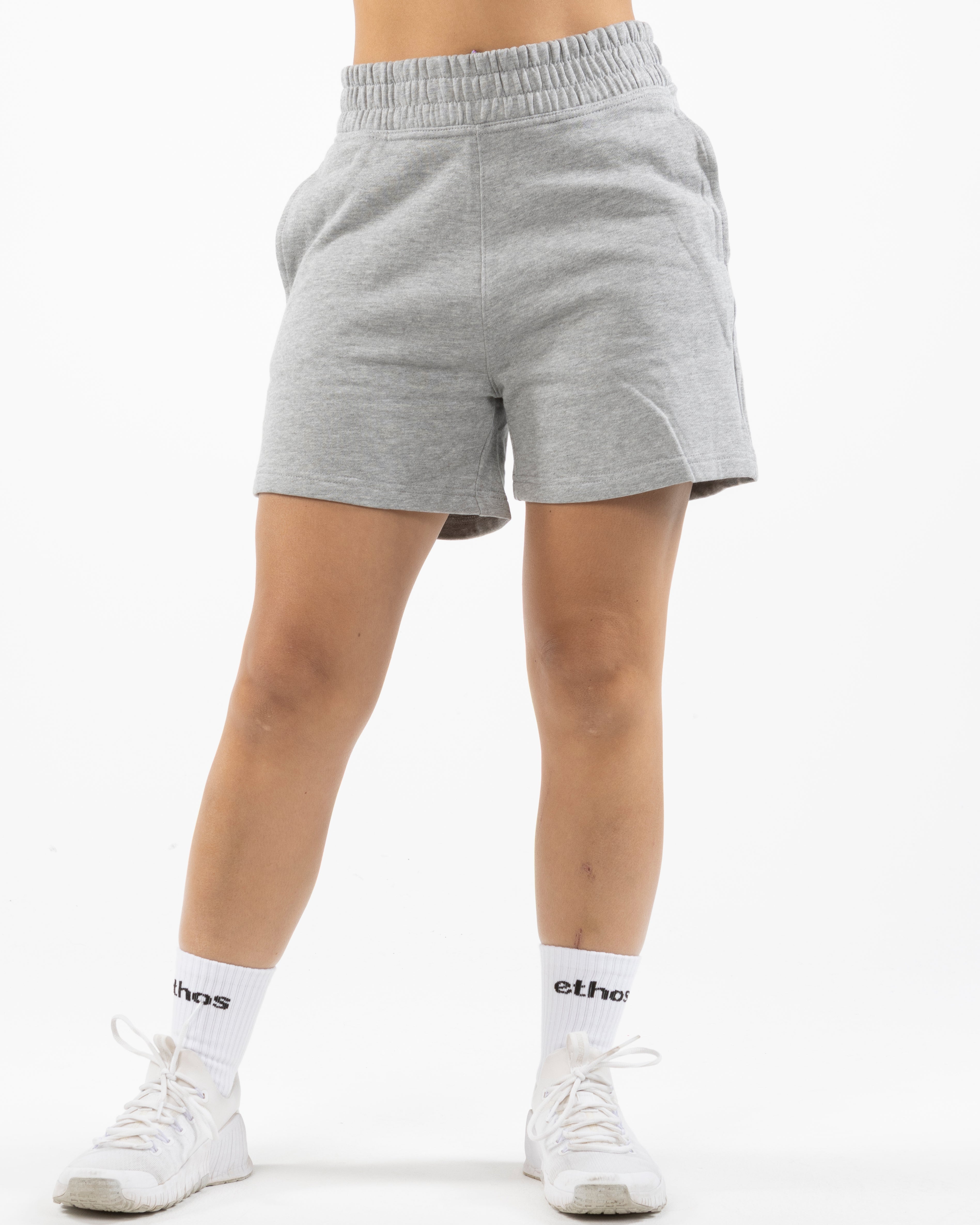 The Womens Jogger Shorts - Heather - Lucky Penny - Left Leg Logo - Embroidered - White