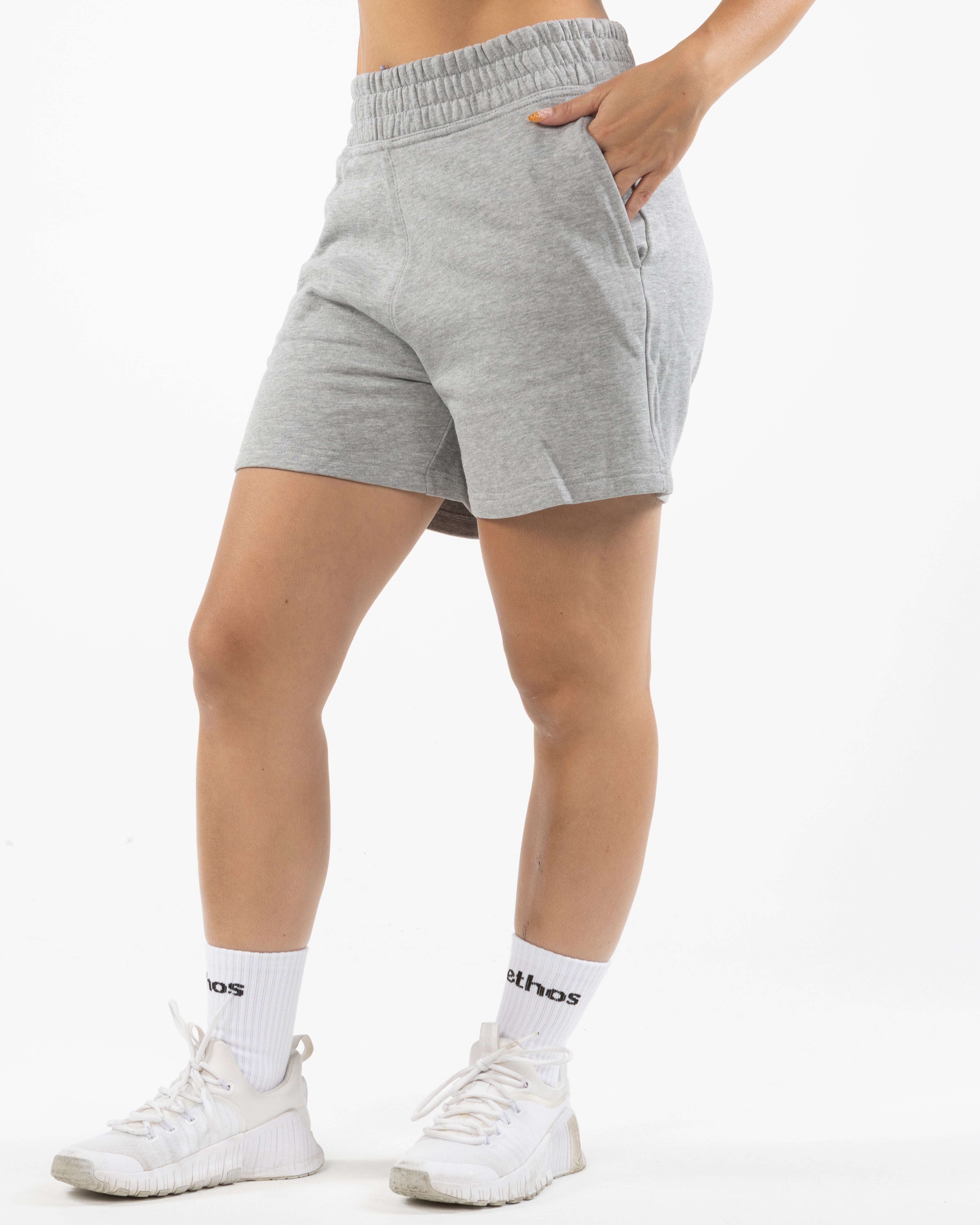 The Womens Jogger Shorts - Heather - Lucky Penny - Left Leg Logo - Embroidered - White