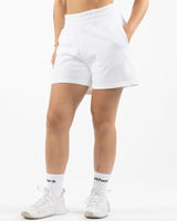 The Womens Jogger Shorts - White - Pilates Plus PB - Left Leg - Printed - Red